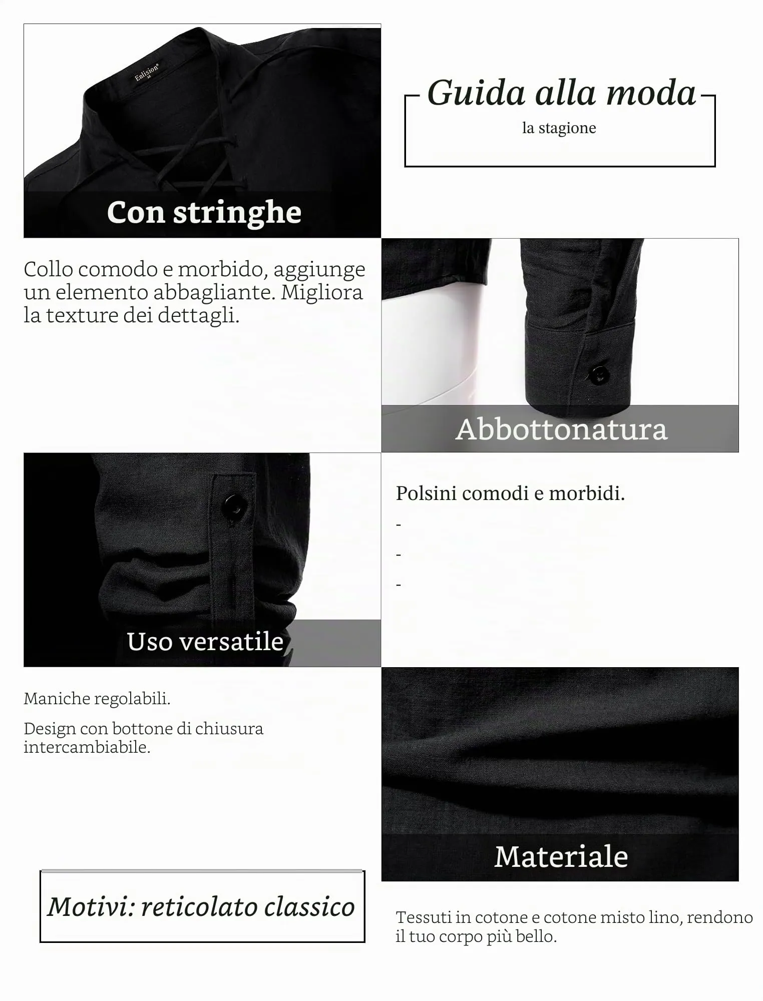 Enlision Camicia da Uomo in Lino e Cotone Retro Medievale con Lacci, Maniche Lunghe, Nero, 4XL - immagine 5