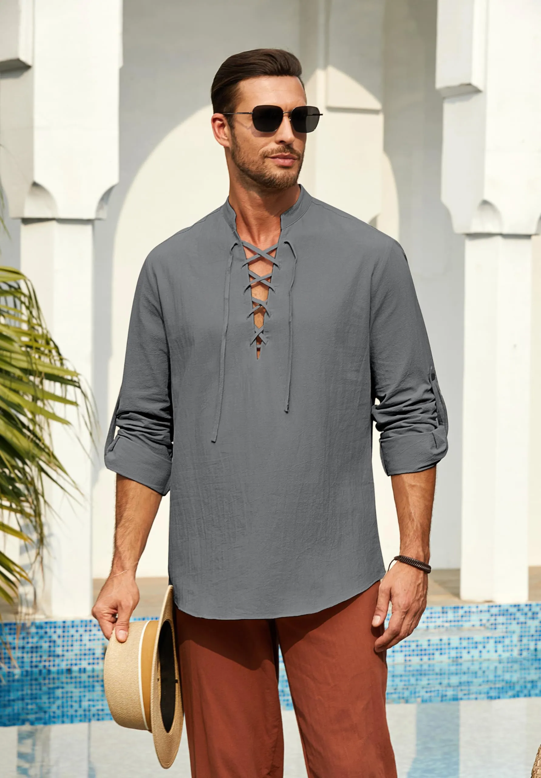 Enlision Camicia in Cotone e Lino da Uomo Stile Medievale Giacobita Ghillie con Lacci, Grigio, M - immagine 7