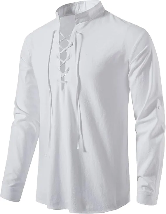 Enlision Camicia da Uomo in Lino e Cotone stile Medievale Rinascimentale con Lacci, Bianco, 4XL - immagine 3