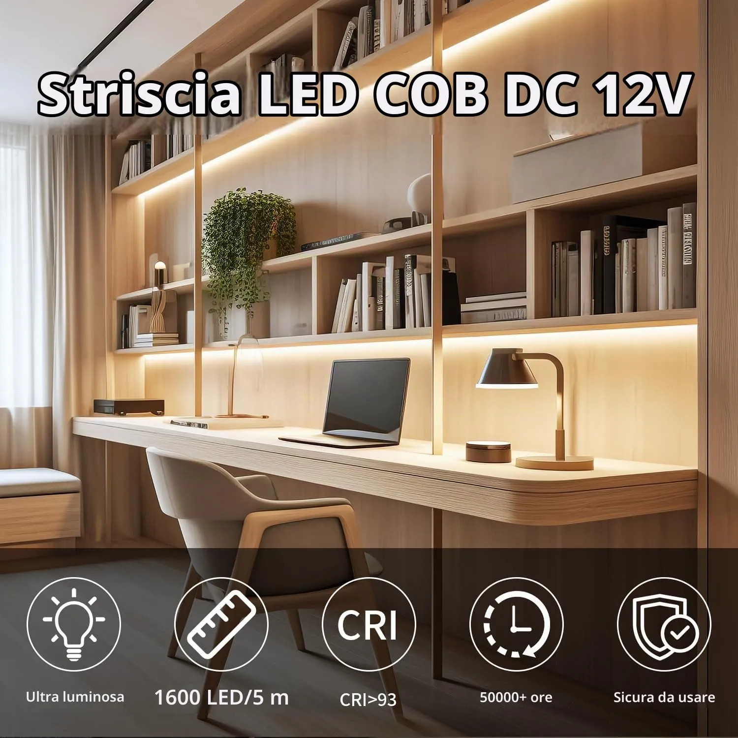 ShineBurky Striscia LED COB 5 Metri Bianco Caldo 12V Flessibile - immagine 2