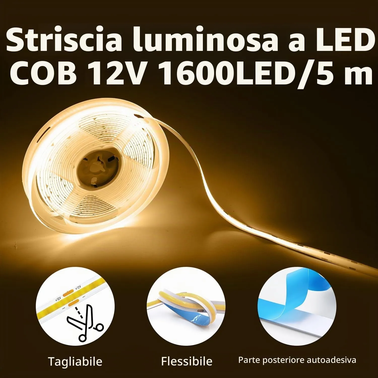 ShineBurky Striscia LED COB 5 Metri Bianco Caldo 12V Flessibile - immagine 4