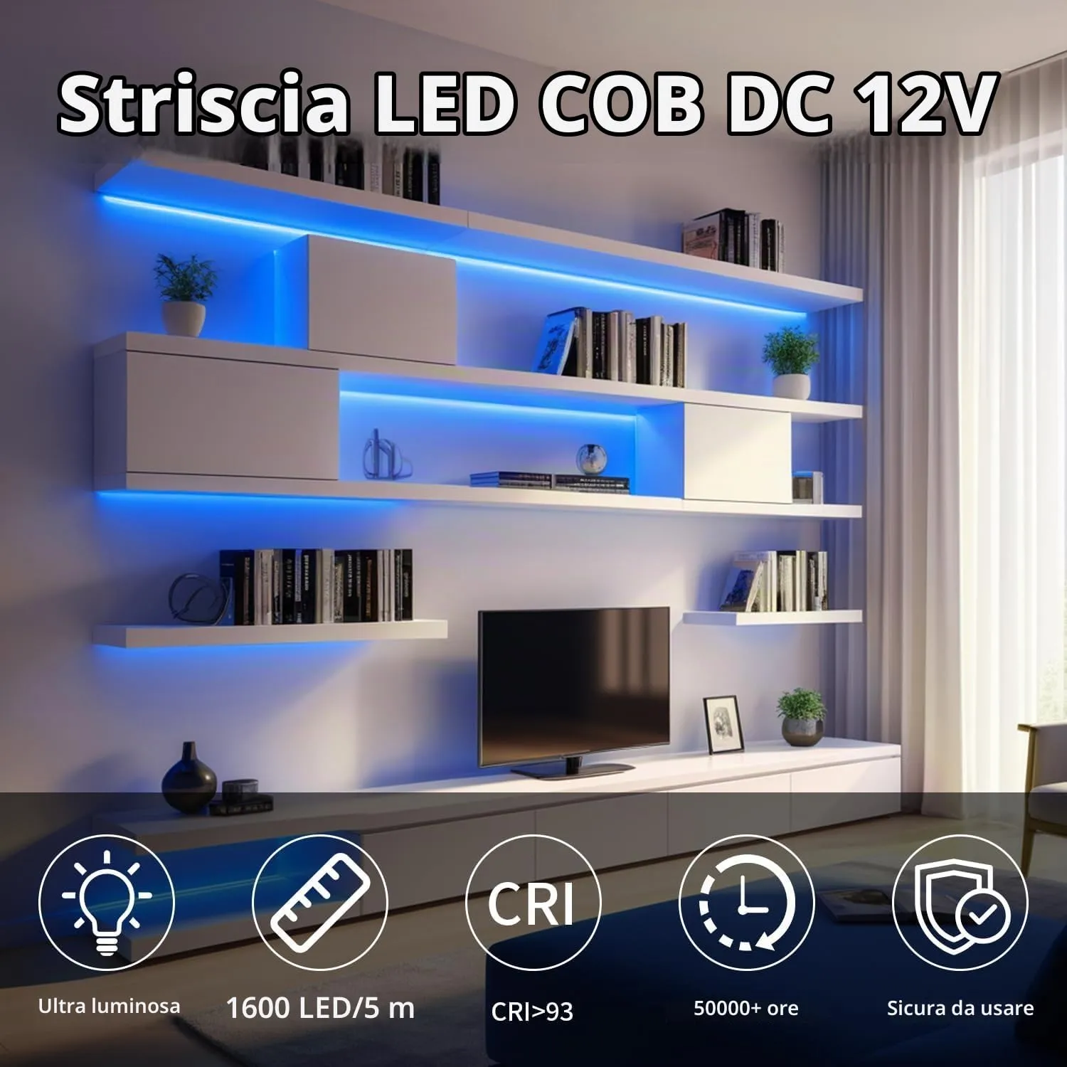 ShineBurky Striscia LED COB 5 Metri Blu 12V Flessibile - immagine 2