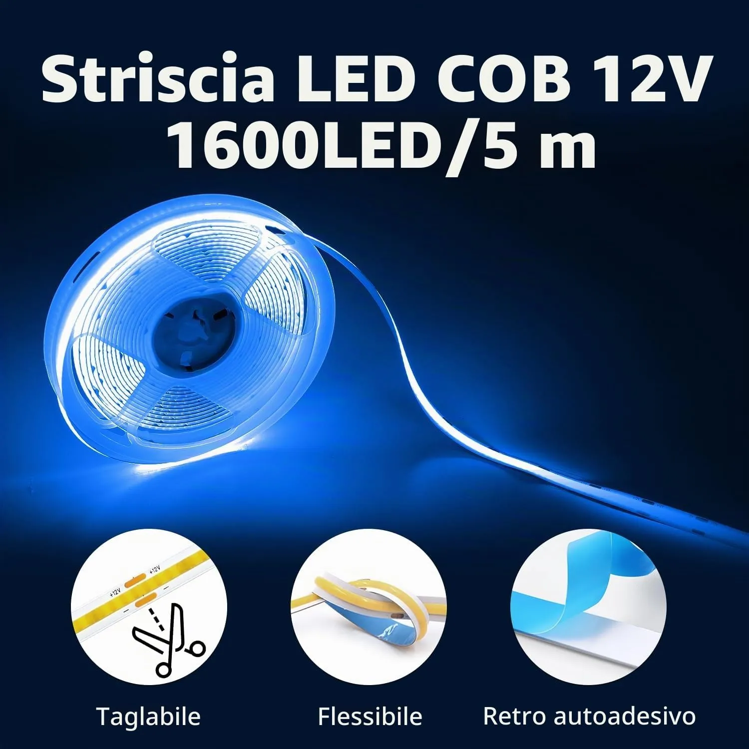 ShineBurky Striscia LED COB 5 Metri Blu 12V Flessibile - immagine 4