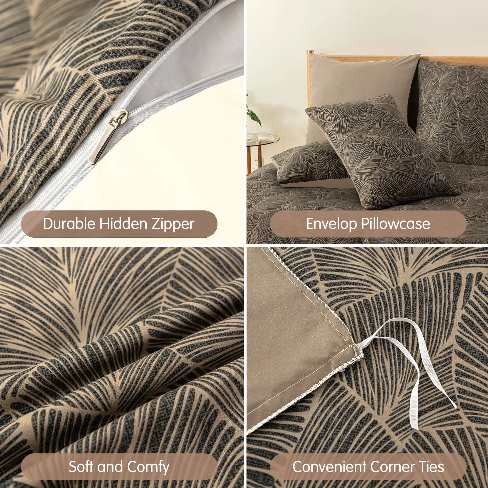 Tokokimo Set Copripiumino Matrimoniale 3 Pezzi in Microfibra, Motivo a Ramoscelli e Foglie, 240x220 cm, Marrone Scuro - immagine 5