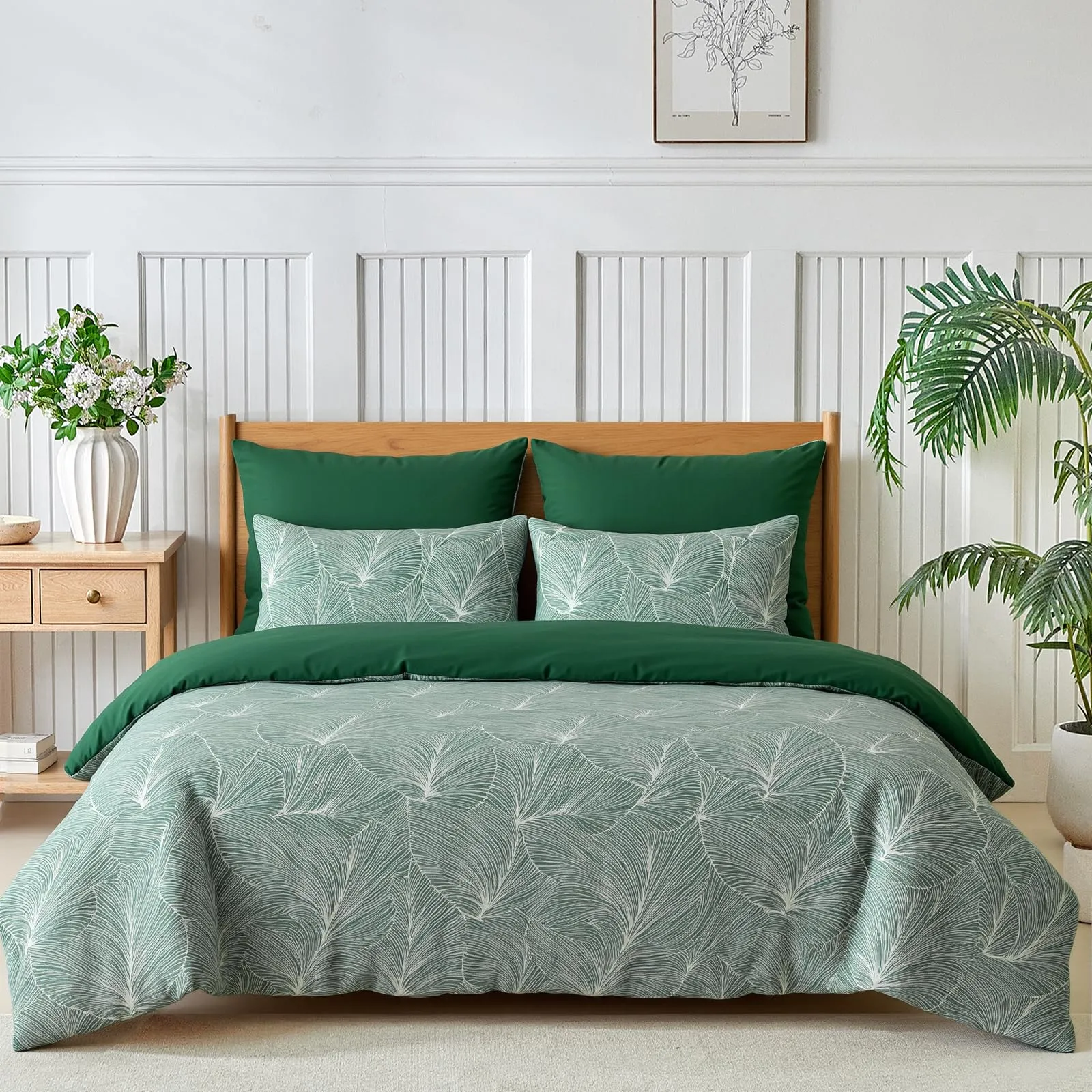 Tokokimo Set Copripiumino Matrimoniale 3 Pezzi in Microfibra, 240x220 cm, Motivo a Ramoscelli e Foglie, Verde Scuro - immagine 2