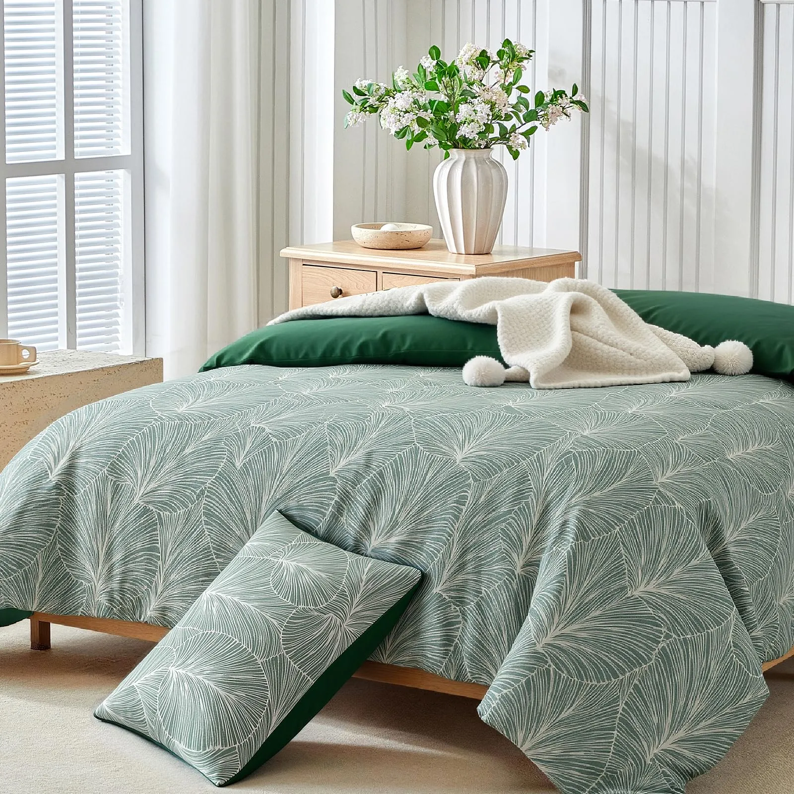 Tokokimo Set Copripiumino Matrimoniale 3 Pezzi in Microfibra, 240x220 cm, Motivo a Ramoscelli e Foglie, Verde Scuro - immagine 3