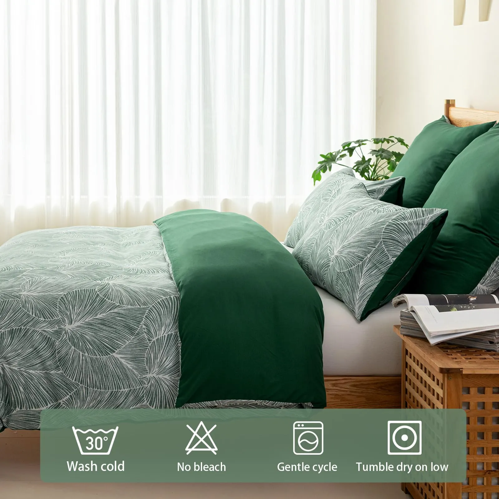 Tokokimo Set Copripiumino Matrimoniale 3 Pezzi in Microfibra, 240x220 cm, Motivo a Ramoscelli e Foglie, Verde Scuro - immagine 6