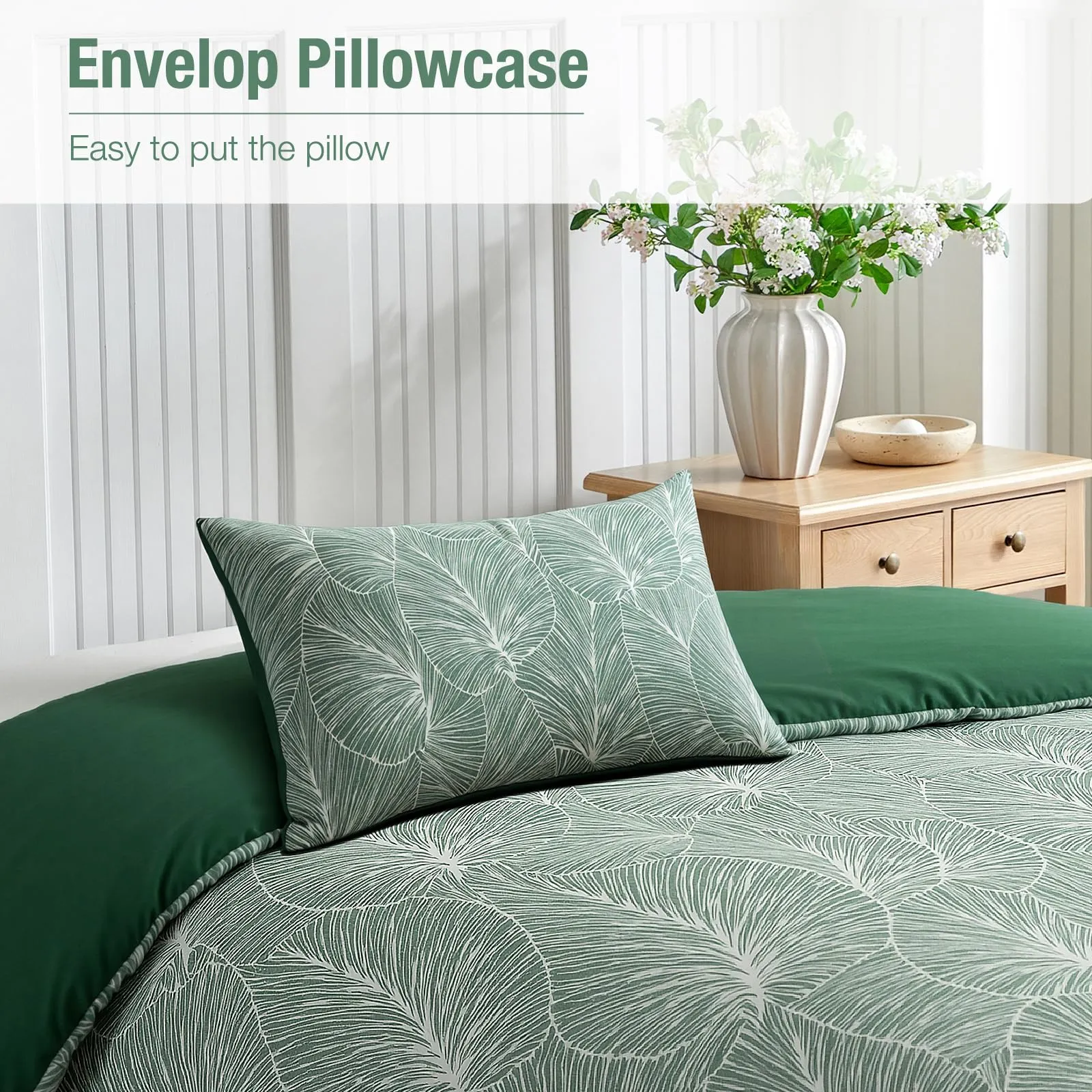 Tokokimo Set Copripiumino Matrimoniale 3 Pezzi in Microfibra, 240x220 cm, Motivo a Ramoscelli e Foglie, Verde Scuro - immagine 7