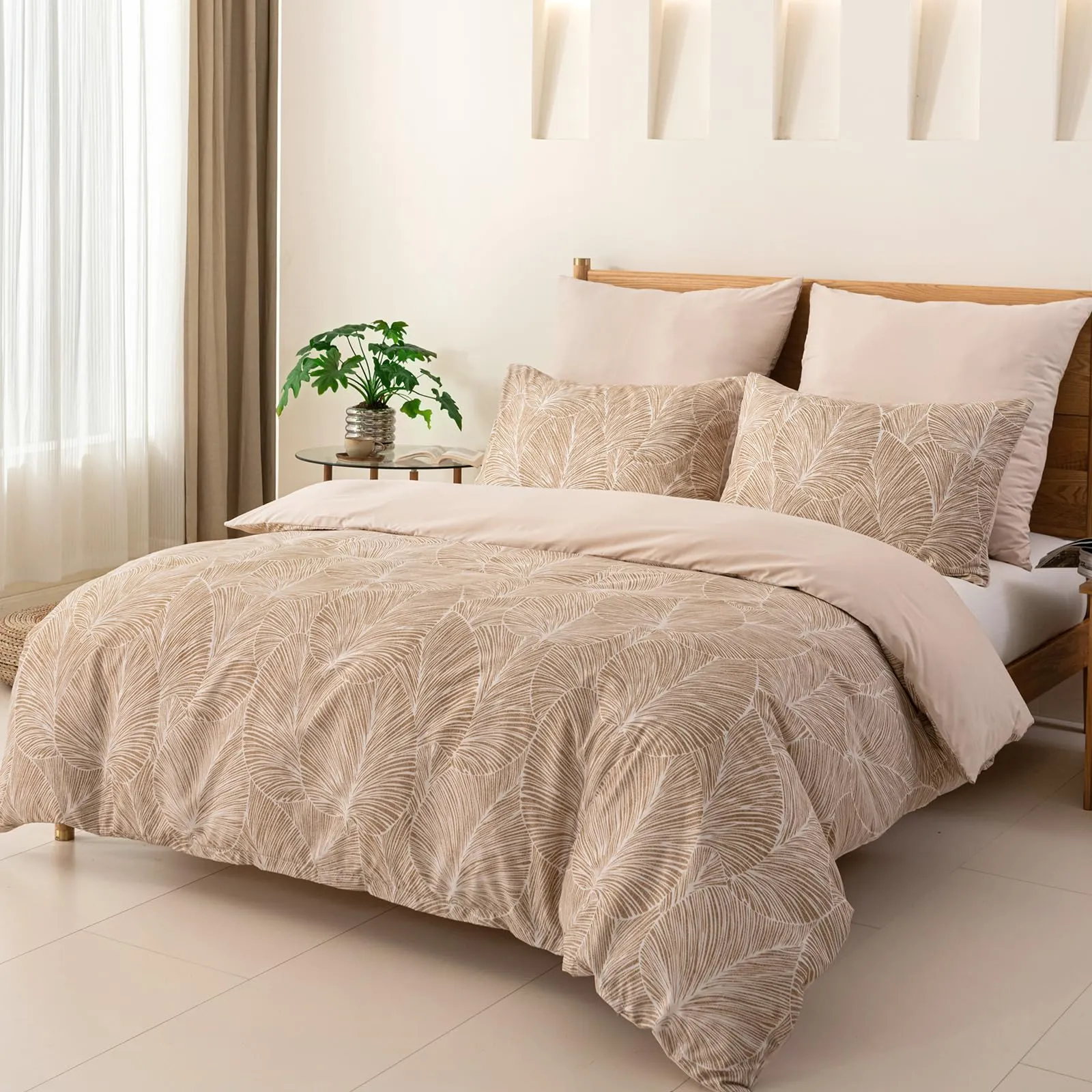 Tokokimo Set Copripiumino Matrimoniale 3 Pezzi in Microfibra con Motivo a Ramoscelli e Foglie, 240x220 cm, Khaki - immagine 2