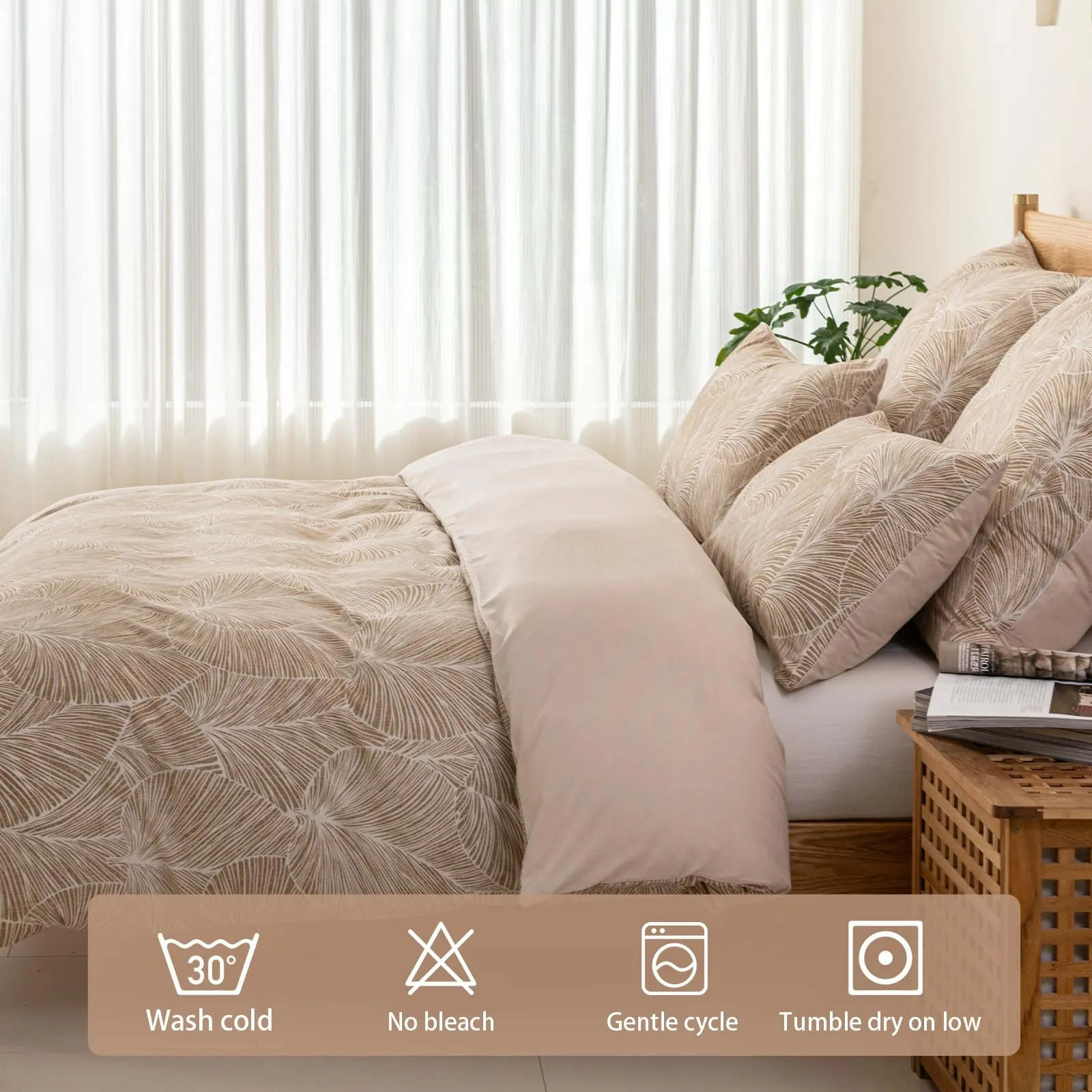 Tokokimo Set Copripiumino Matrimoniale 3 Pezzi in Microfibra con Motivo a Ramoscelli e Foglie, 240x220 cm, Khaki - immagine 4