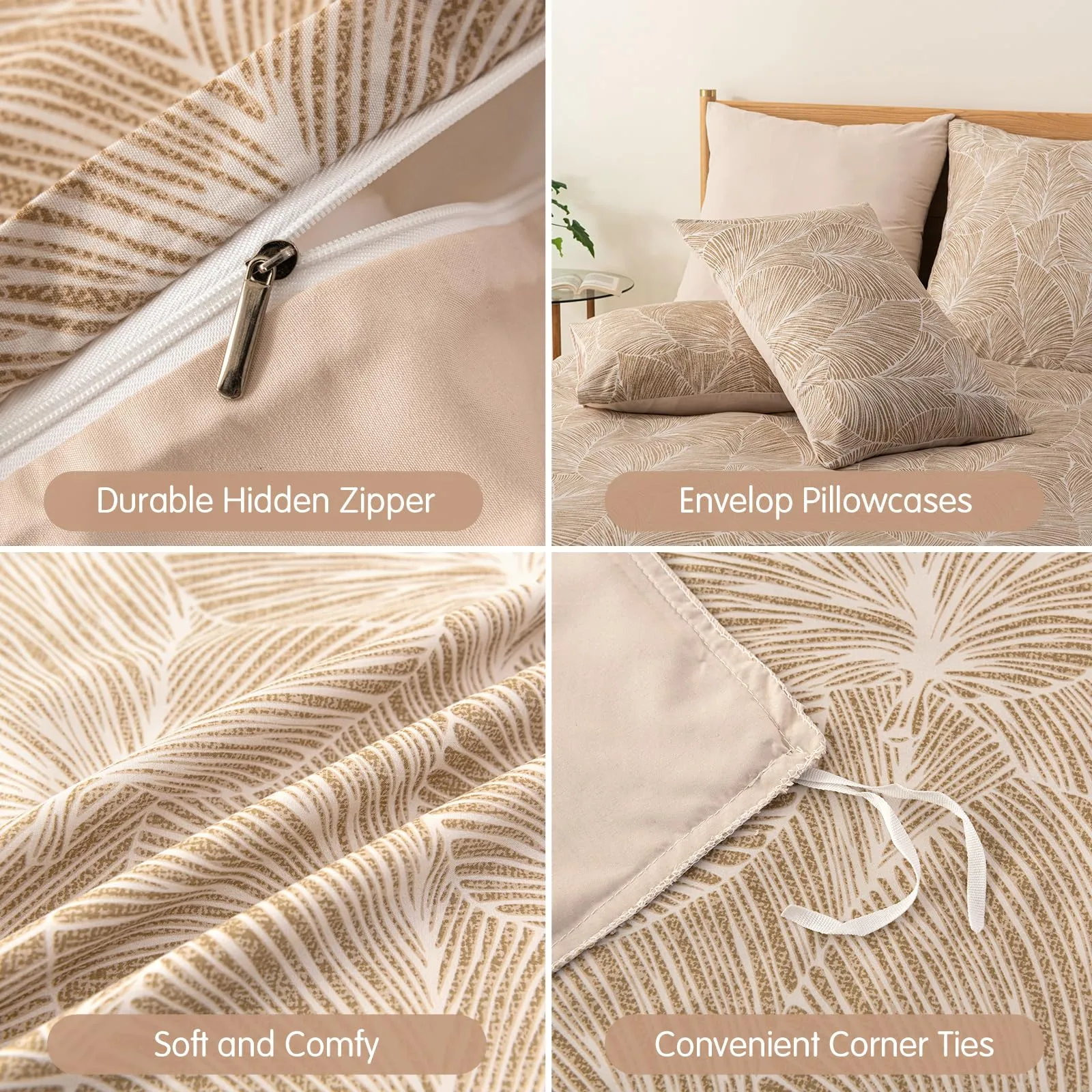 Tokokimo Set Copripiumino Matrimoniale 3 Pezzi in Microfibra con Motivo a Ramoscelli e Foglie, 240x220 cm, Khaki - immagine 5