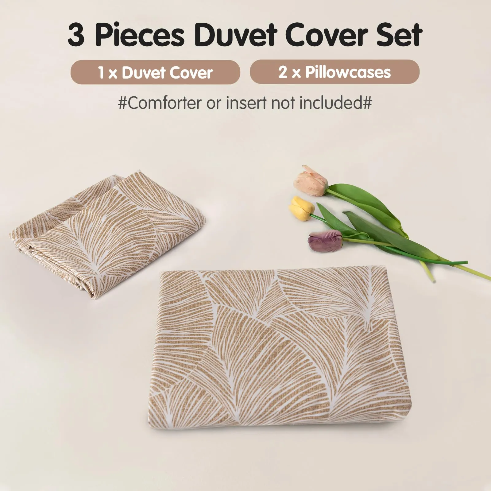 Tokokimo Set Copripiumino Matrimoniale 3 Pezzi in Microfibra con Motivo a Ramoscelli e Foglie, 240x220 cm, Khaki - immagine 6