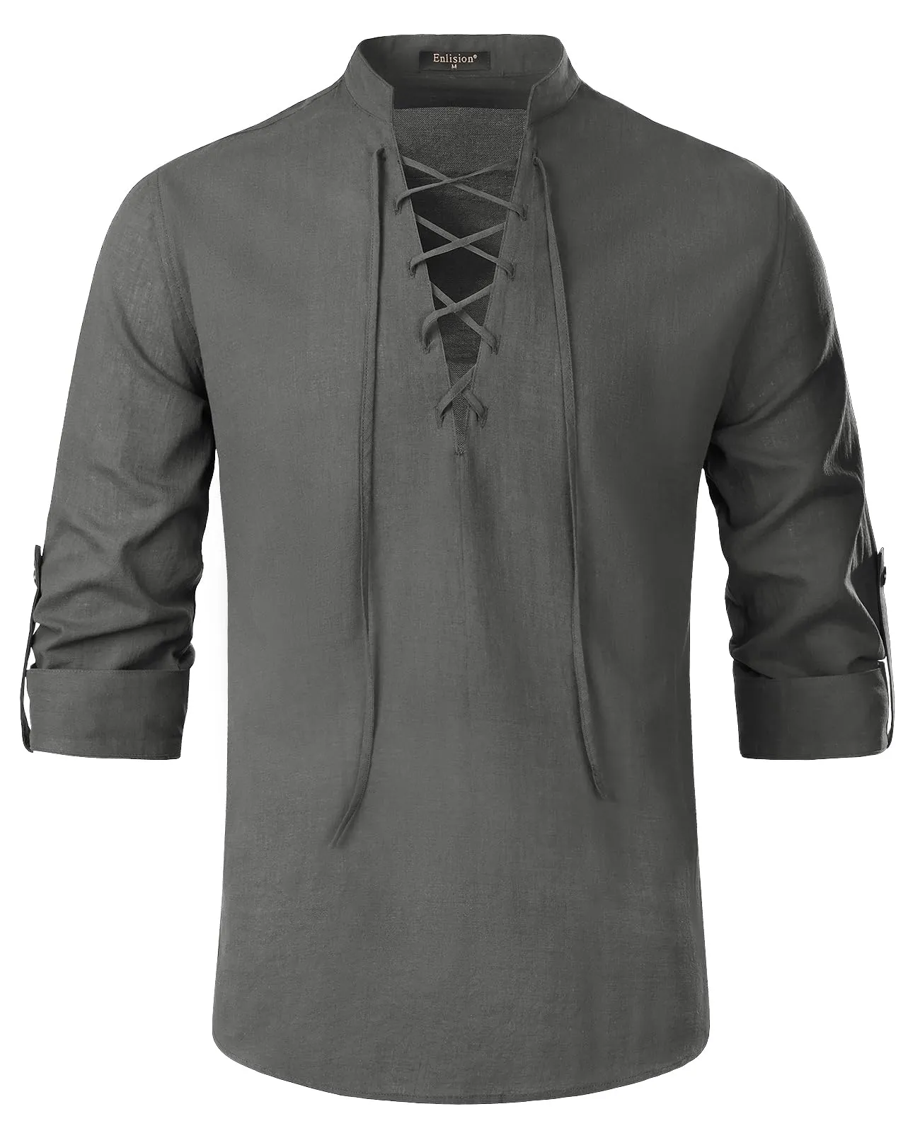 Enlision Camicia da Uomo in Cotone e Lino Medievale Rinascimentale Manica Lunga, Grigio, S - immagine 1