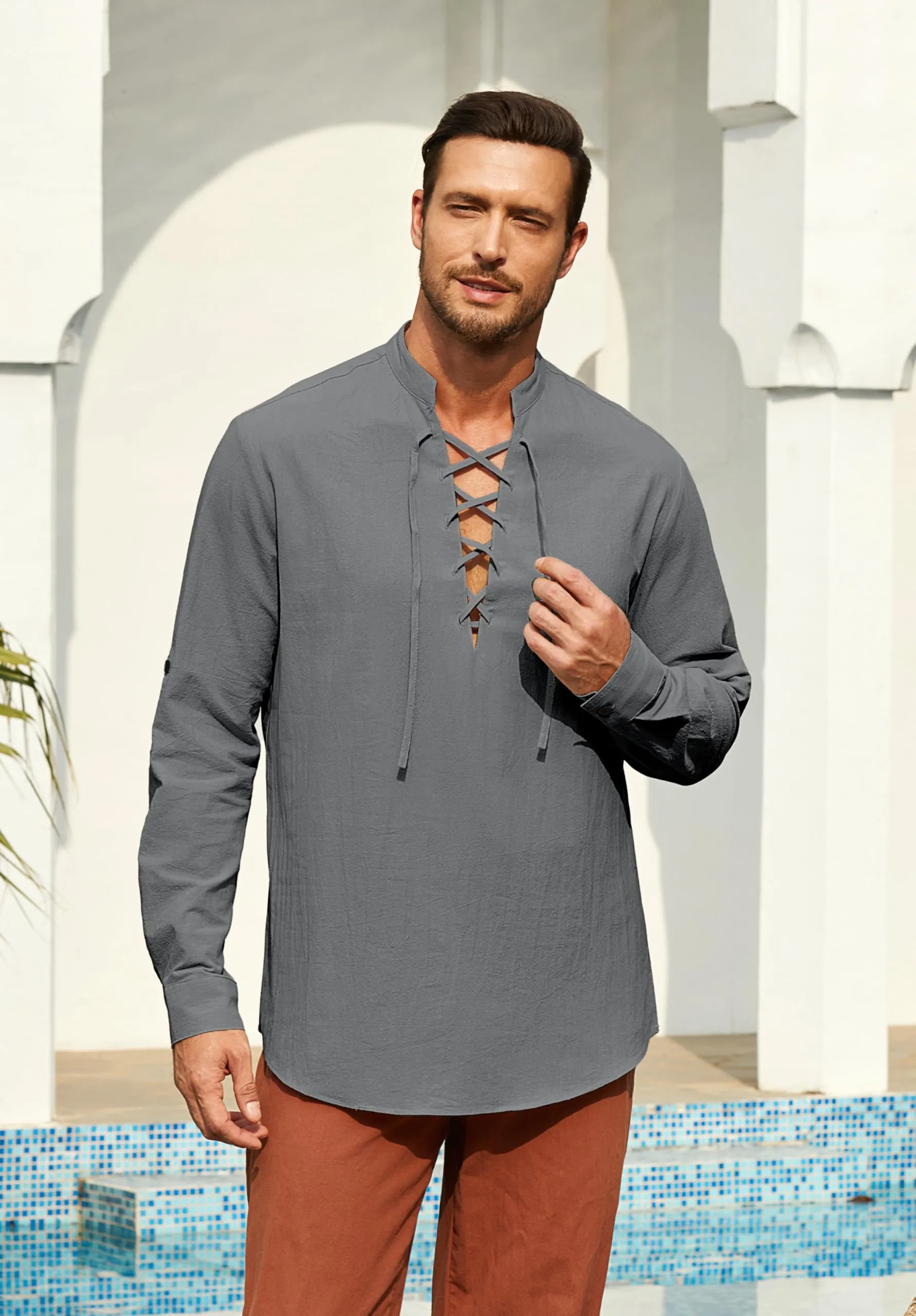 Enlision Camicia da Uomo in Cotone e Lino Medievale Rinascimentale Manica Lunga, Grigio, S - immagine 3