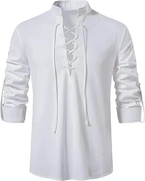 Enlision Camicia in Cotone e Lino da Uomo Stile Medievale Ghillie con Lacci, Bianco, M - immagine 1
