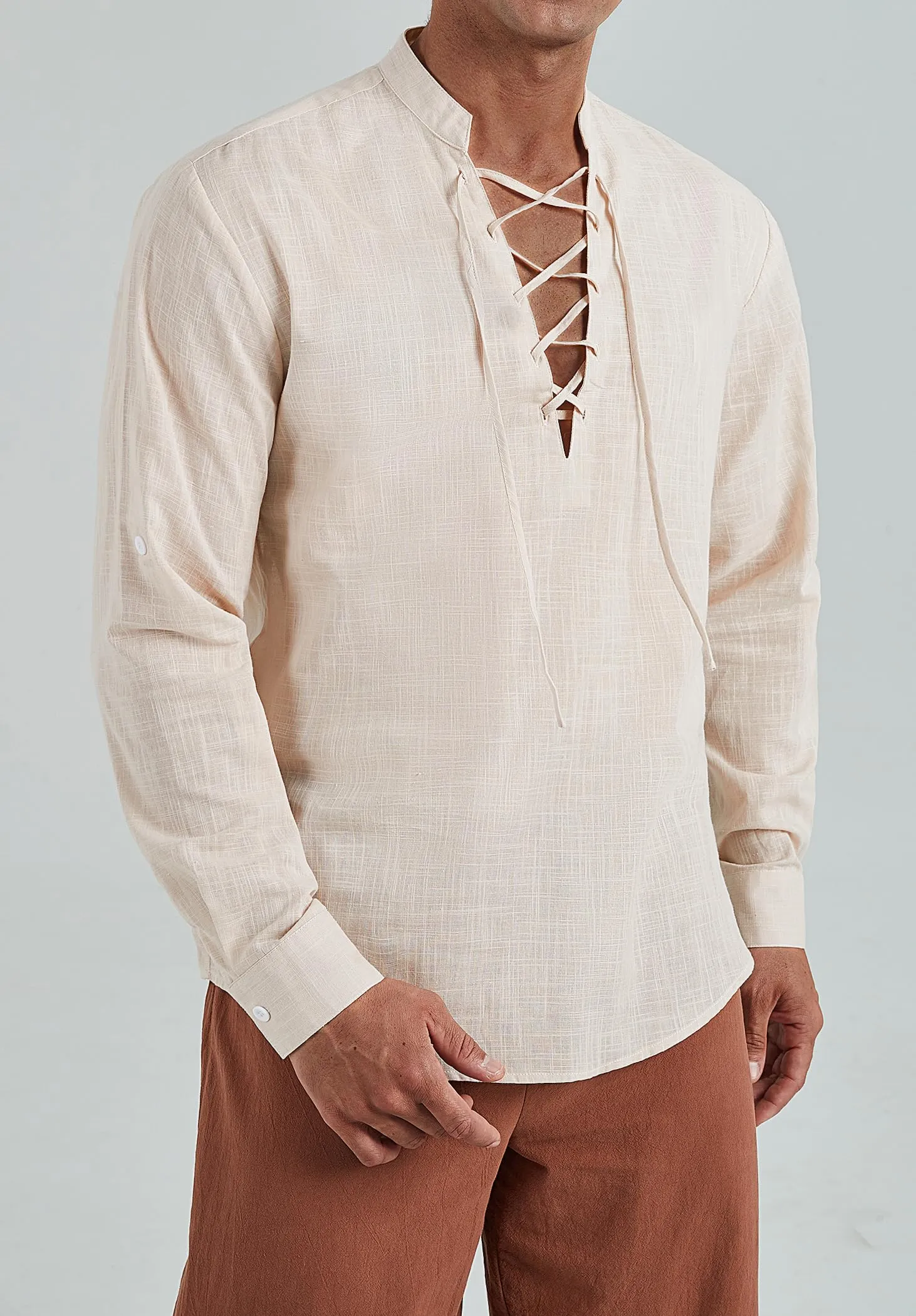 Enlision Camicia Medievale da Pirata in Lino e Cotone Stringata Cachi 2XL - immagine 8