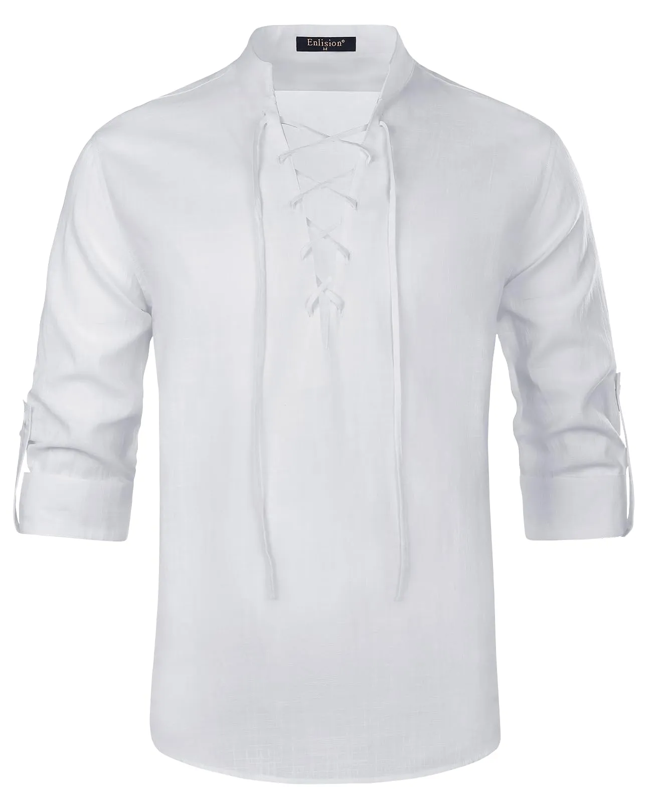 Enlision Camicia da Uomo in Cotone e Lino Stile Medievale Rinascimentale Manica Lunga, Bianco, S - immagine 6