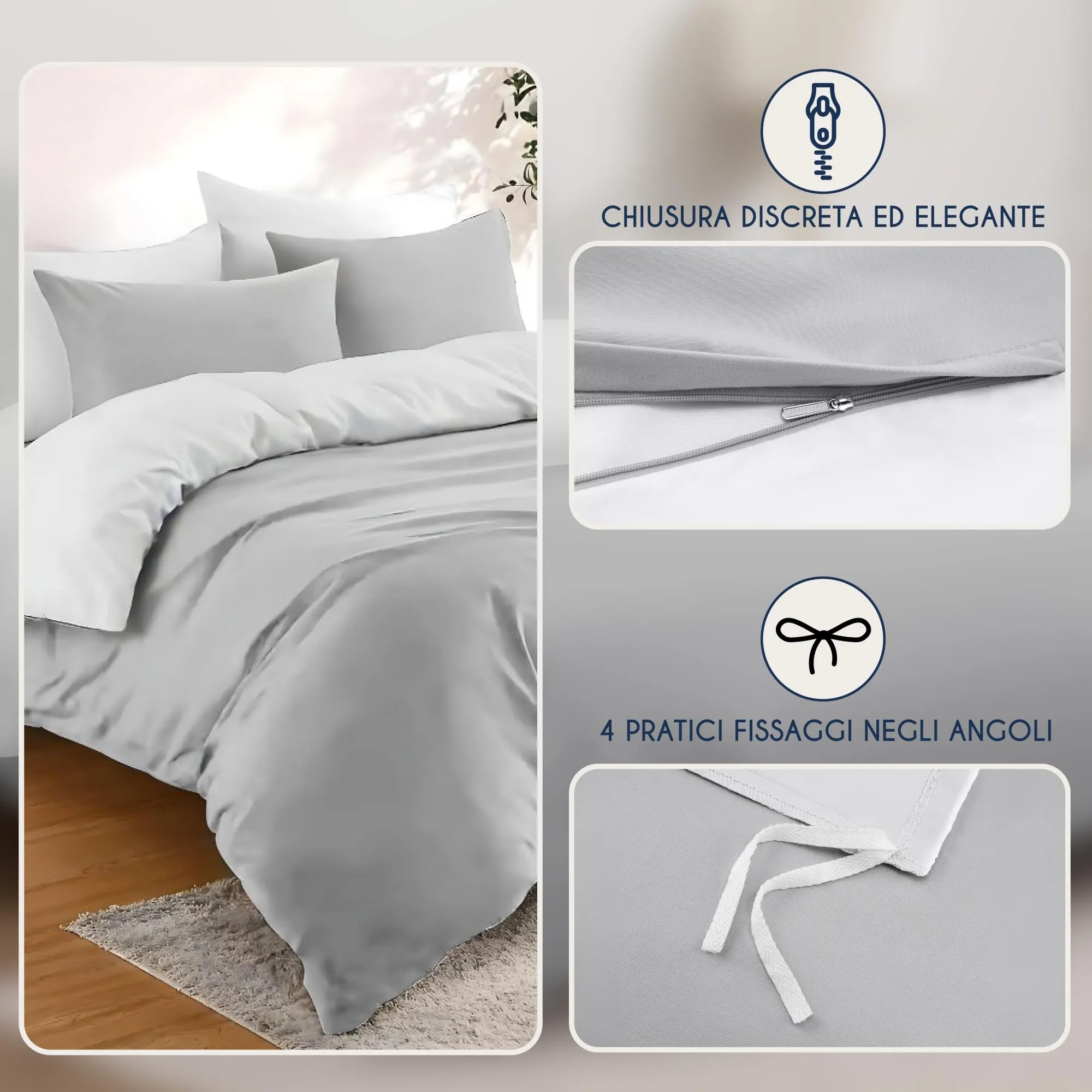 Dreamzie Copripiumino Matrimoniale 240x220 cm con 2 Federe 80x80 cm - Microfibra, Grigio Chiaro / Bianco - immagine 3