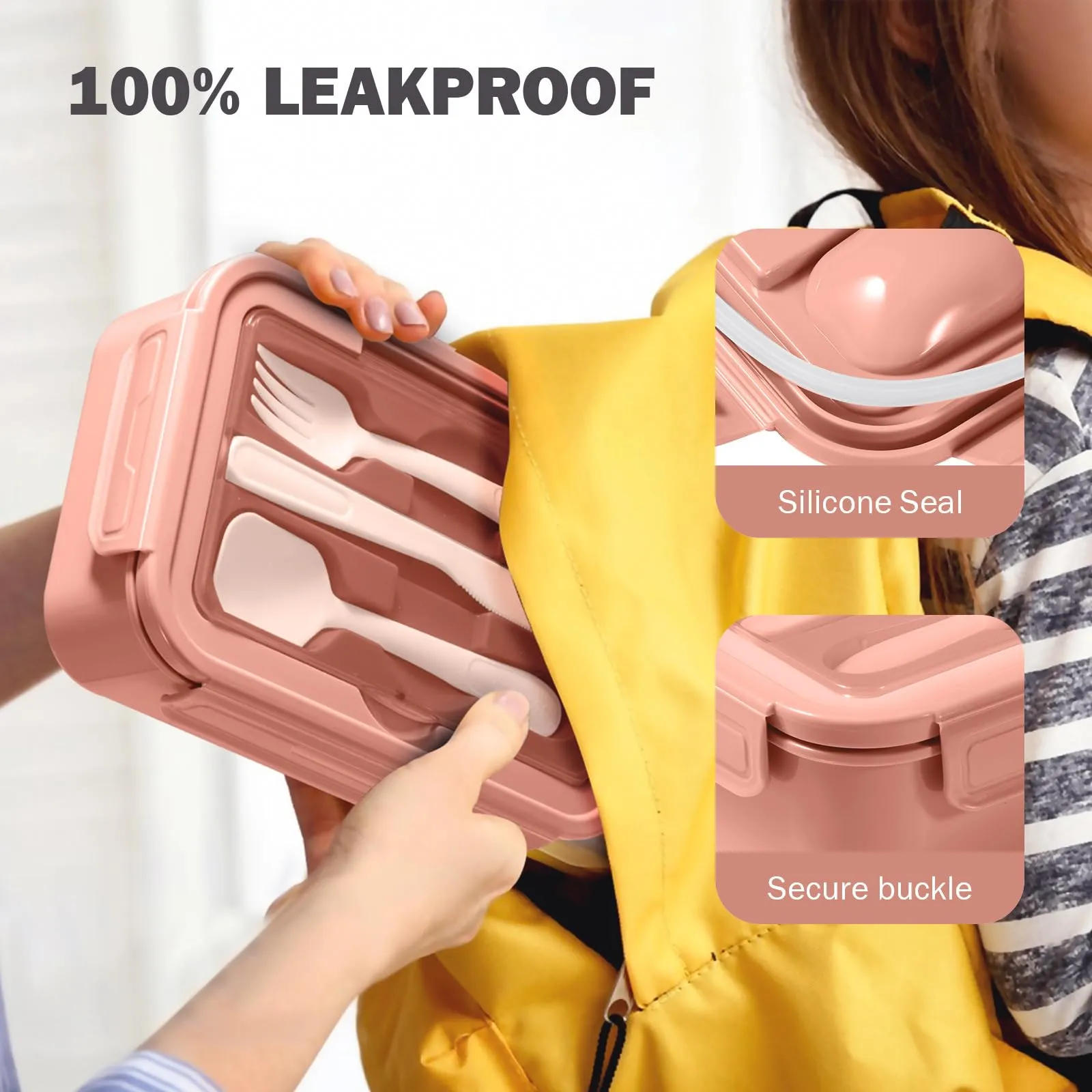 Diboniur Porta Pranzo 1400 ml con Posate e 3 Scomparti, Rosa - immagine 2