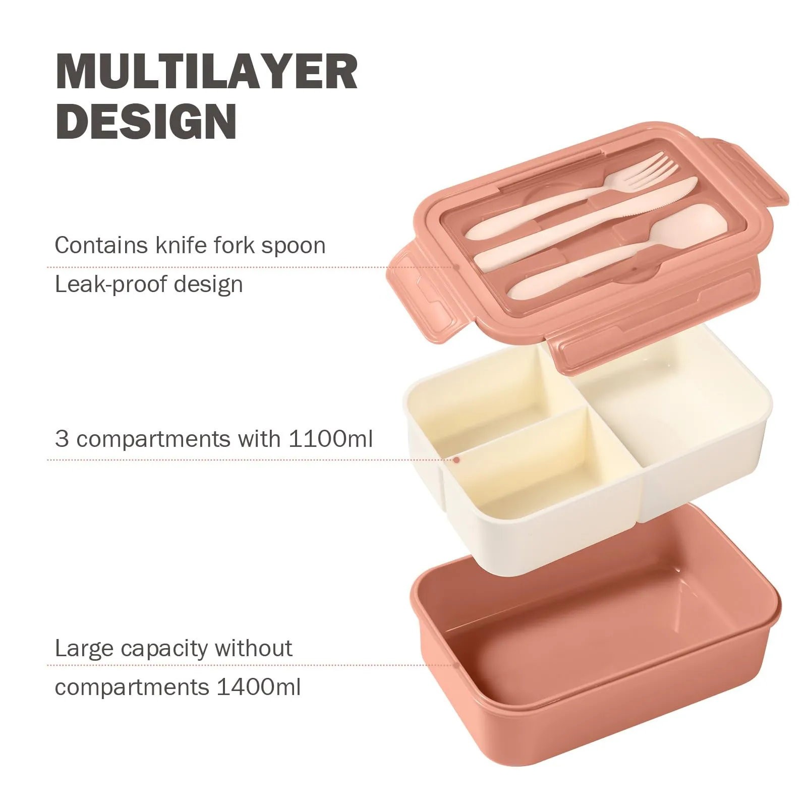 Diboniur Porta Pranzo 1400 ml con Posate e 3 Scomparti, Rosa - immagine 4