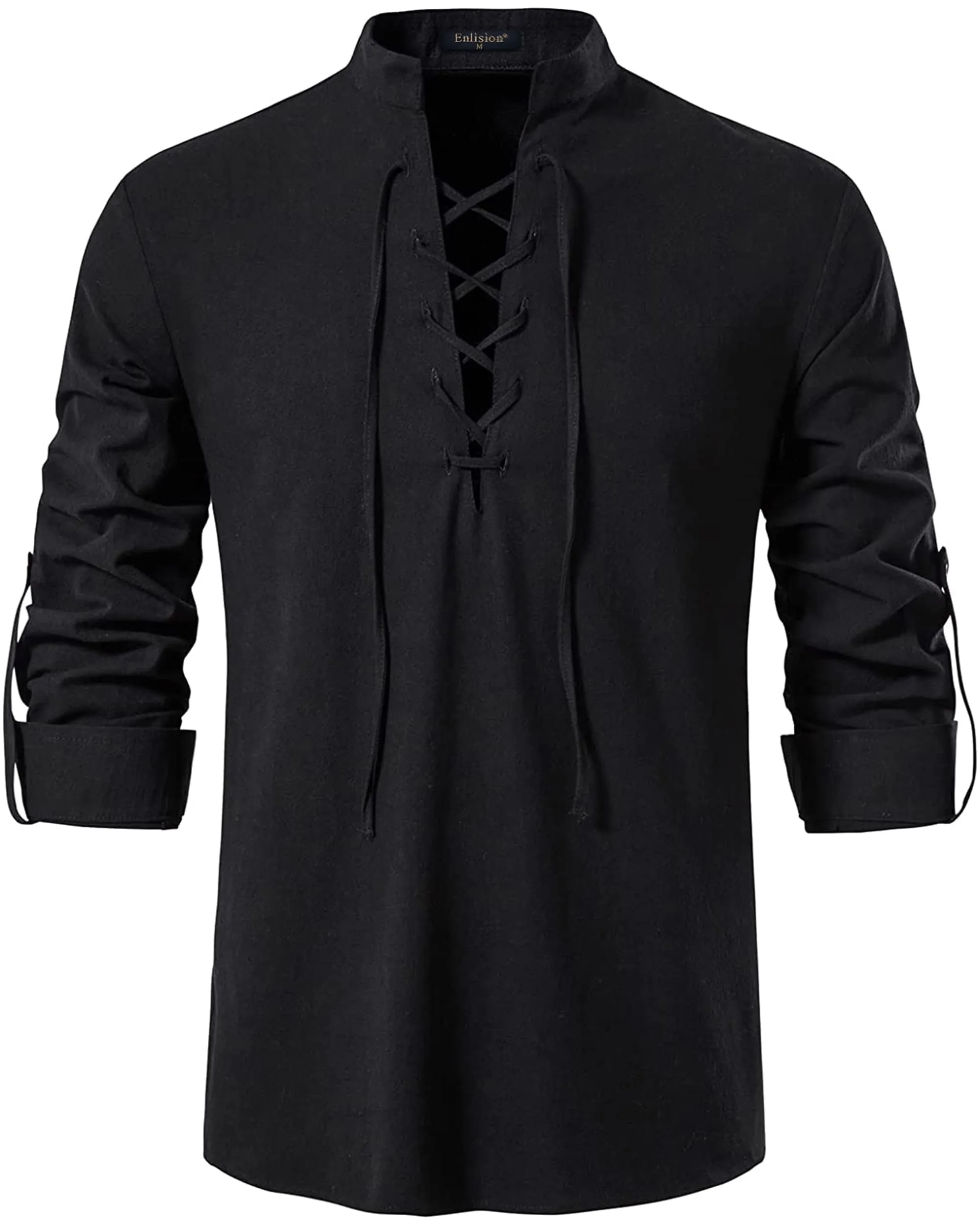 Enlision Camicia da Uomo in Lino e Cotone stile Medievale Rinascimentale con Lacci, Maniche Lunghe, Nero, XL - immagine 1