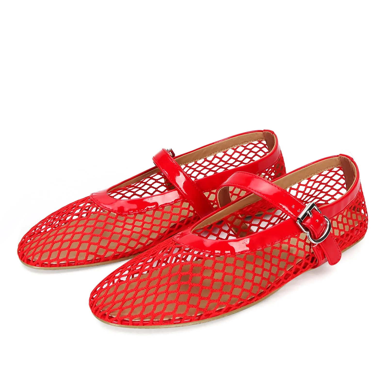 DOEYG Ballerine da donna in rete con cinturino con fibbia, Rosso, 10 - immagine 1