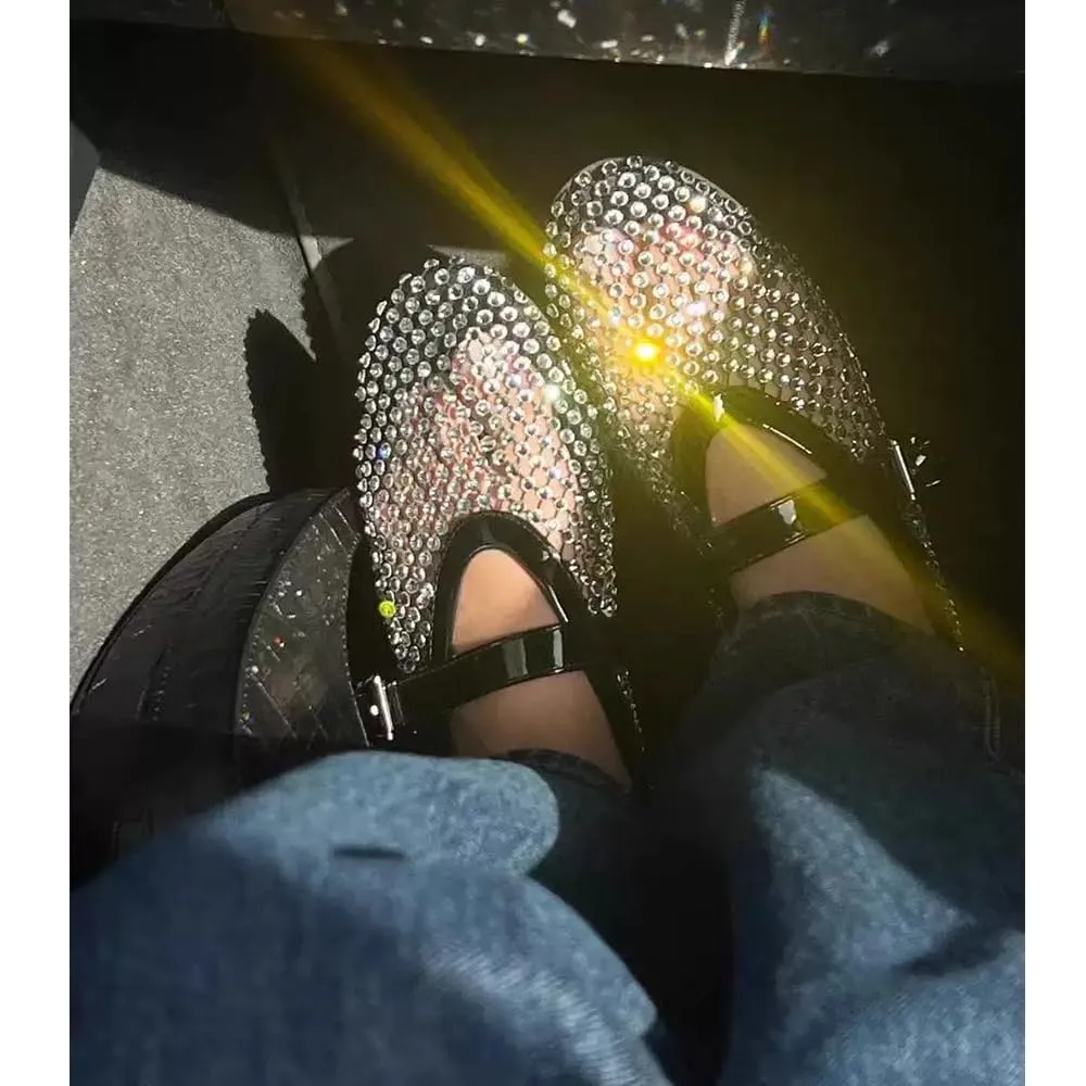 DOEYG Ballerine in rete da donna con fibbia e strass, punta piatta, Nere, 42 EU - immagine 2