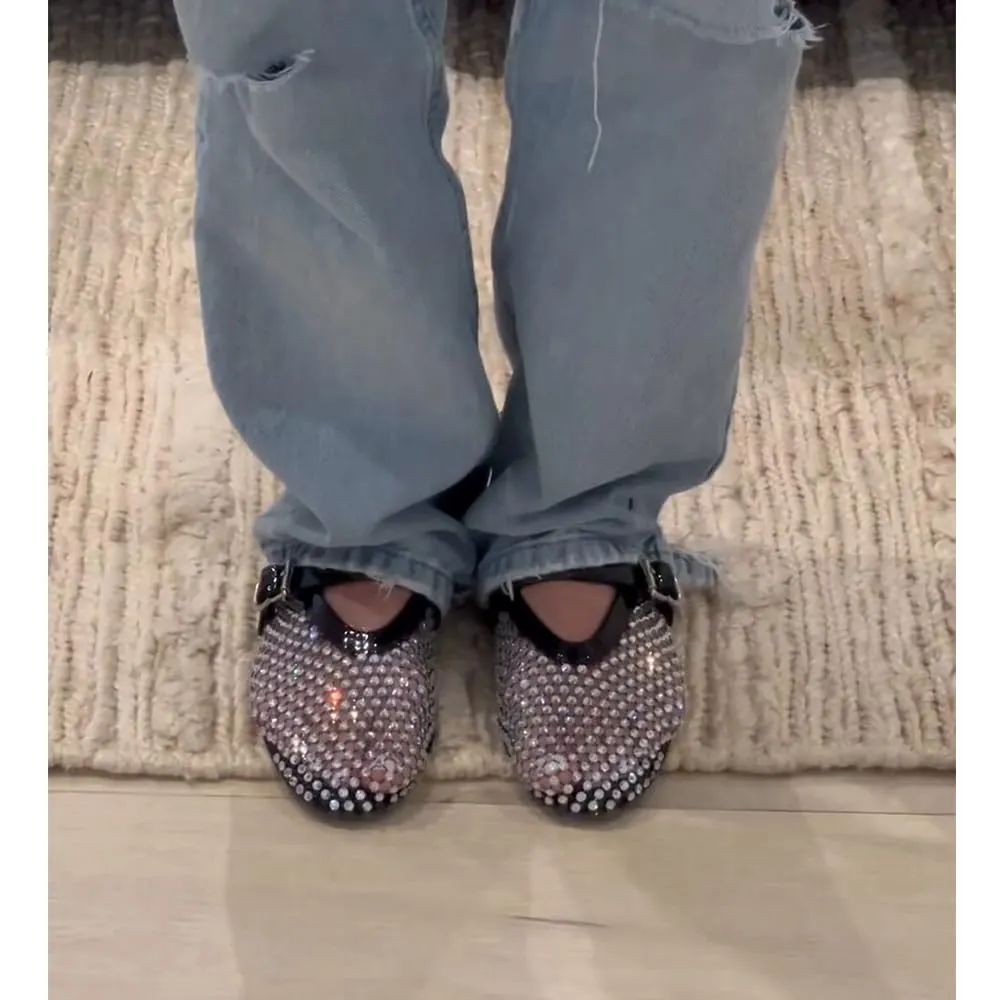 DOEYG Ballerine in rete da donna con fibbia e strass, punta piatta, Nere, 42 EU - immagine 3