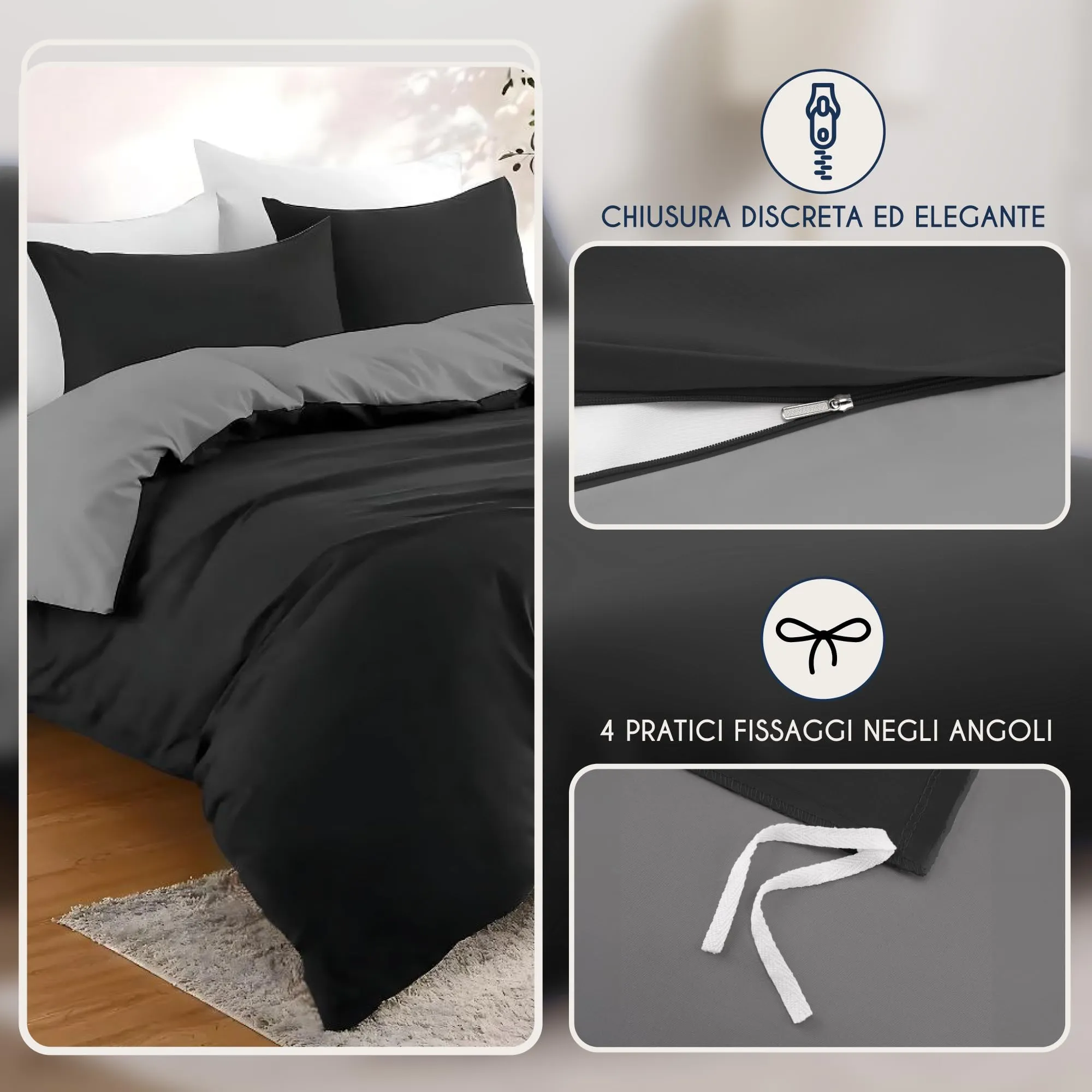 Dreamzie Copripiumino Matrimoniale 220x240 cm con 2 Federe 65x65 cm, Microfibra, Nero / Grigio Scuro - immagine 3
