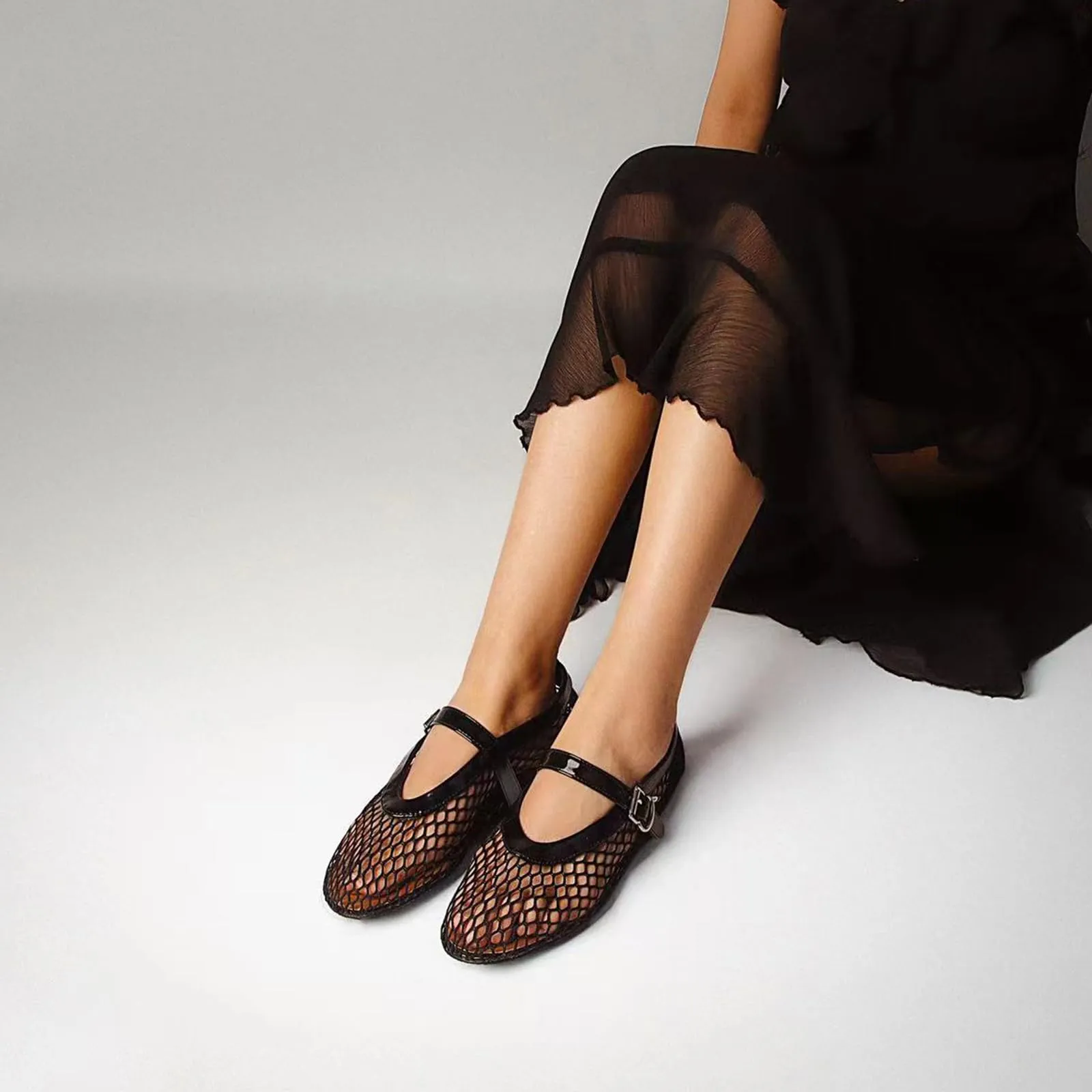 DOEYG Ballerine in Rete da Donna con Fibbia, Nero, 41 EU - immagine 2