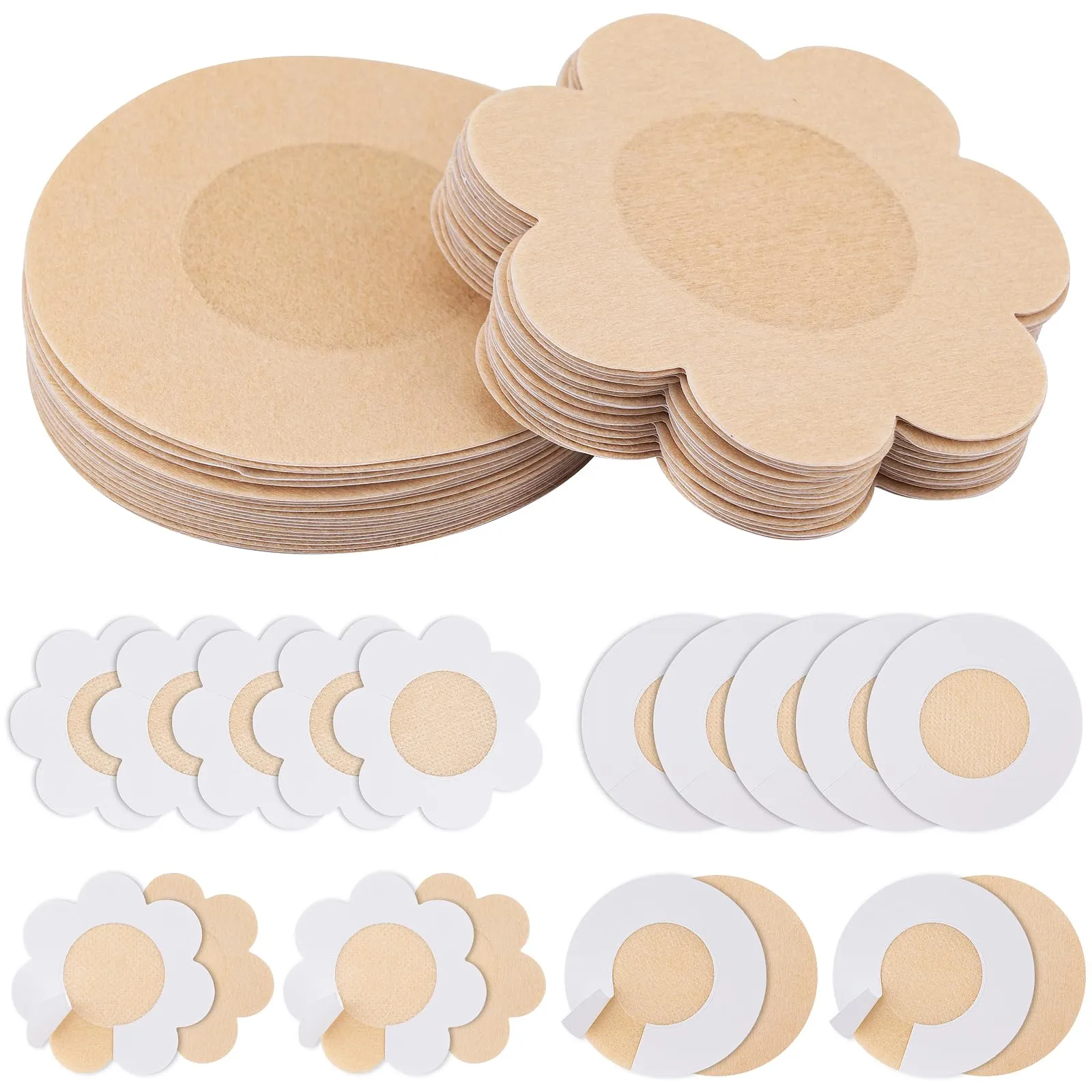 Leikedun Copricapezzoli Invisibili Usa e Getta, Set da 100 Pezzi (25 Paia Rotonde 6,5cm e 25 Paia a Fiore 7,5cm) - immagine 1