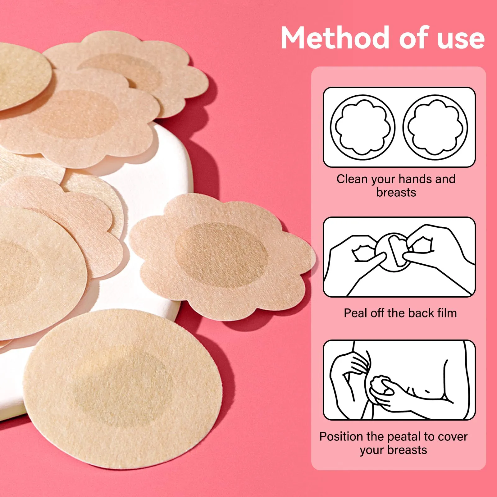Leikedun Copricapezzoli Invisibili Usa e Getta, Set da 100 Pezzi (25 Paia Rotonde 6,5cm e 25 Paia a Fiore 7,5cm) - immagine 4