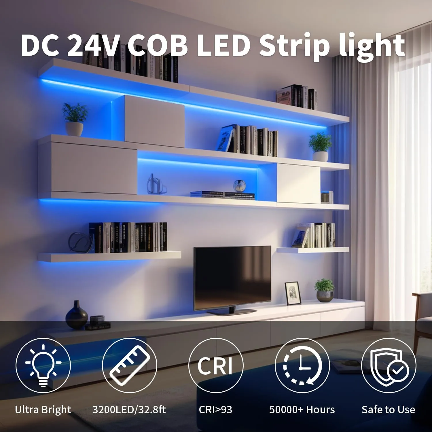 ShineBurky Striscia LED COB 10 Metri Blu, 24V CRI93+ - immagine 2