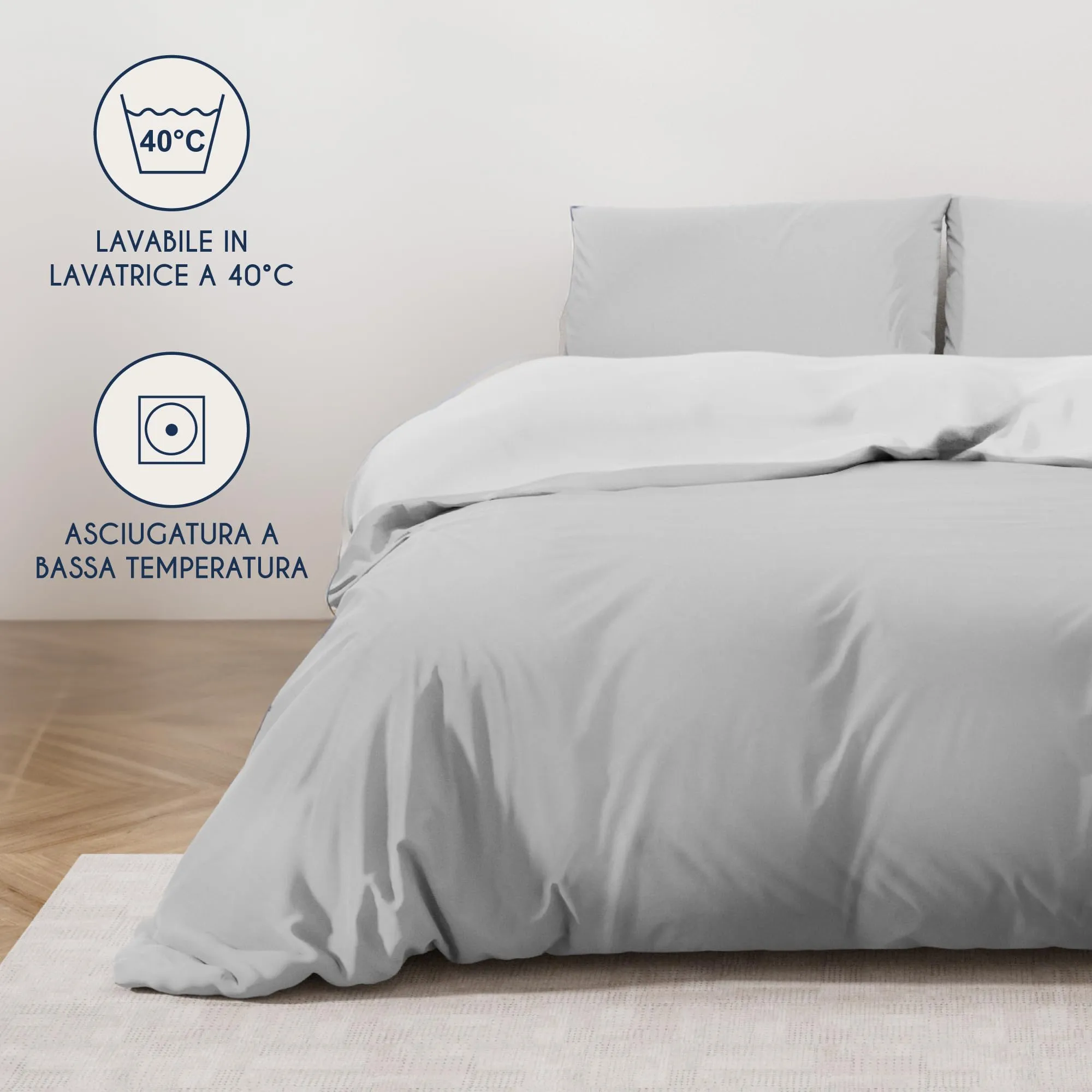 Dreamzie Copripiumino Matrimoniale 260x240 cm con 2 Federe 65x65 cm, Tinta Unita, Grigio Chiaro/Bianco - immagine 5