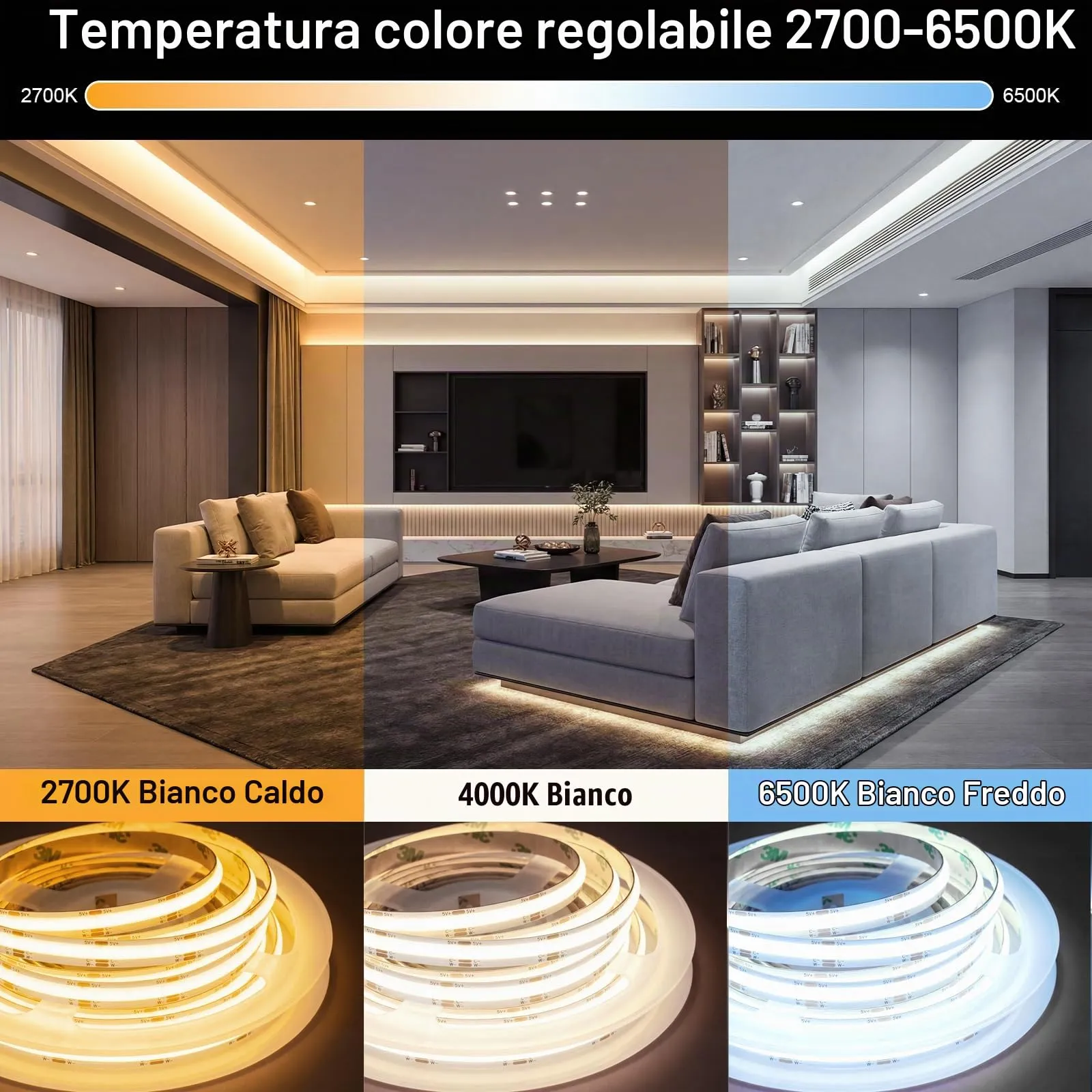ShineBurky Striscia LED COB 5V USB, CCT 2700K-6500K, 2 Metri, 608LEDs/M, CRI93+ - immagine 2