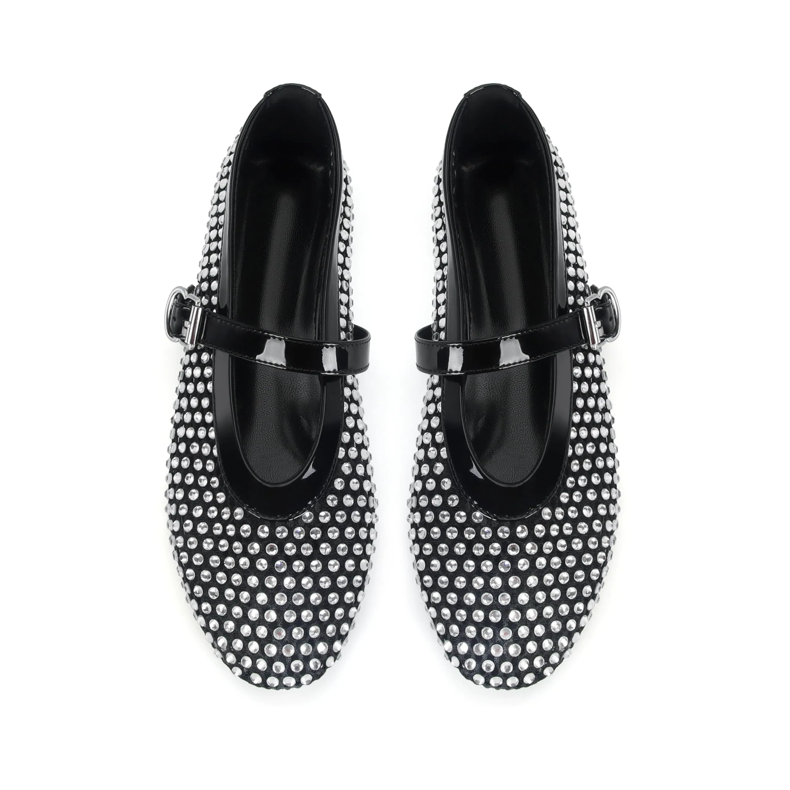 DOEYG Ballerine da donna in rete con strass e cinturino con fibbia, neri, 37 EU - immagine 4