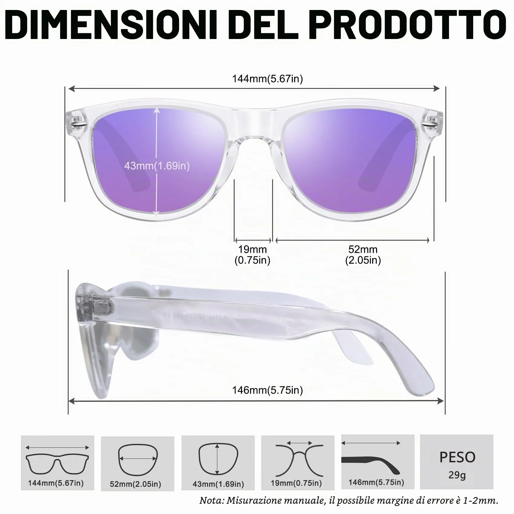 KANASTAL Occhiali da Sole Polarizzati UV400 Viola Specchio Montatura Trasparente - immagine 4