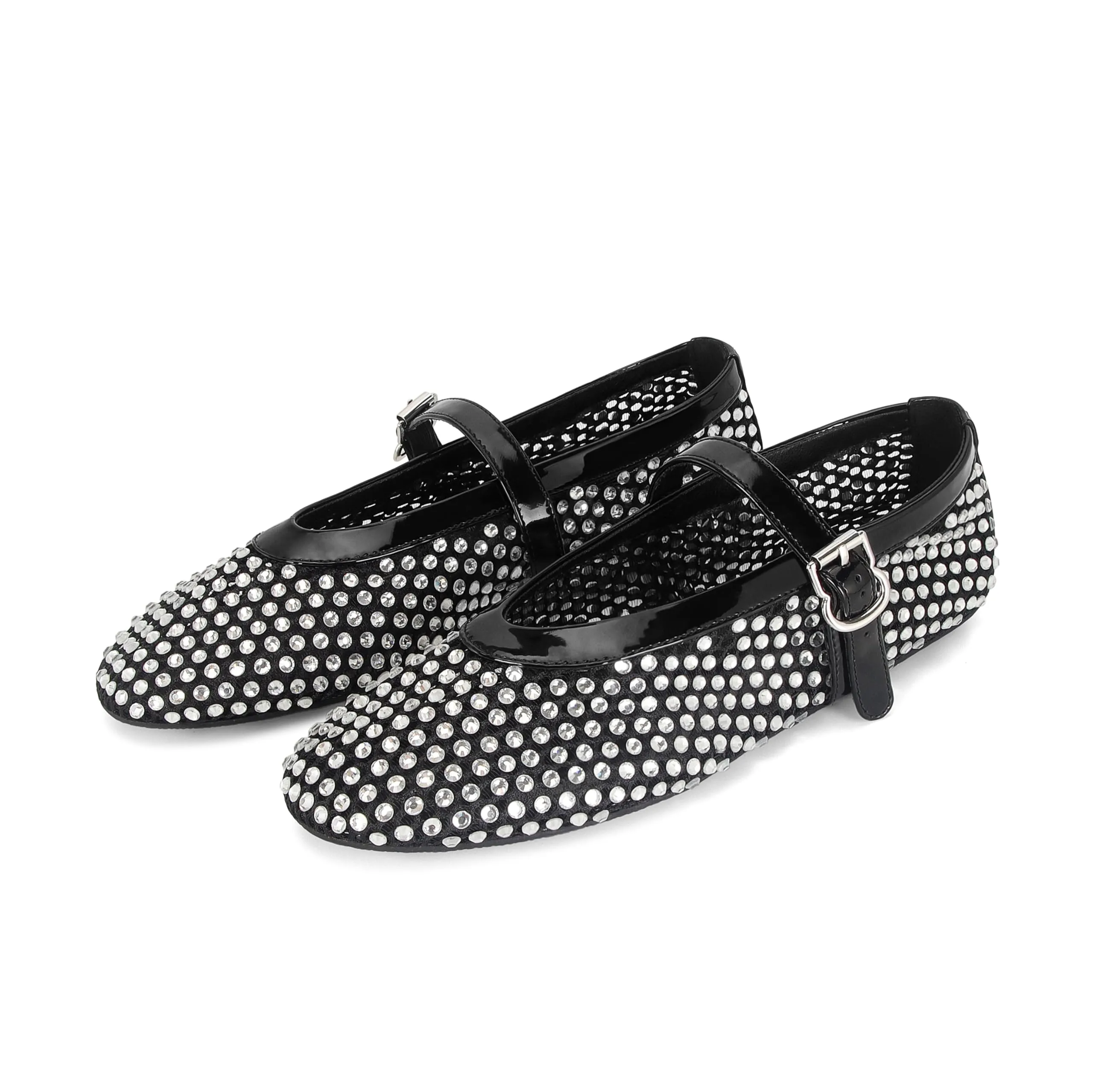 DOEYG Ballerine in rete da donna con fibbia e strass, Neri, 38 EU - immagine 1