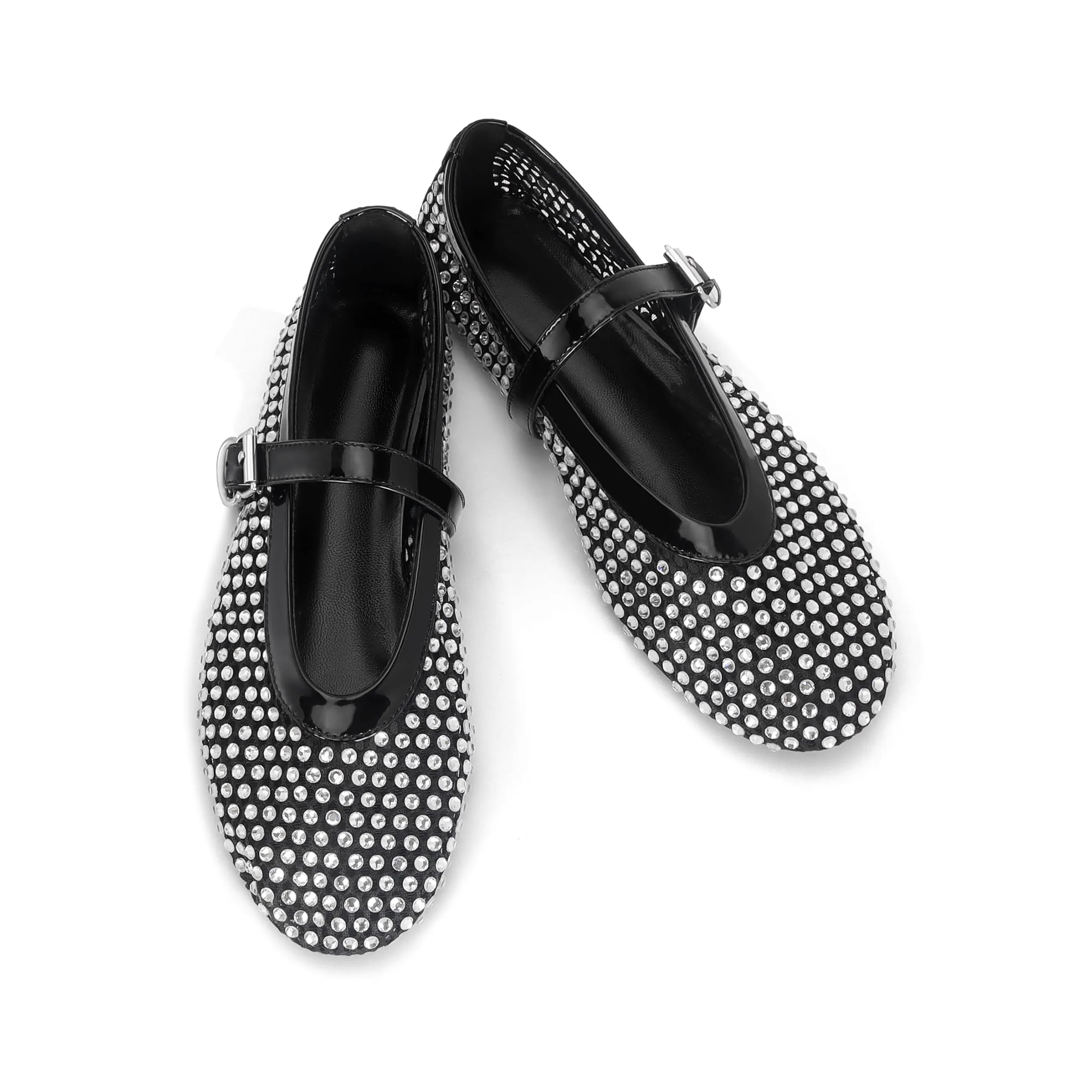 DOEYG Ballerine in rete da donna con fibbia e strass, Neri, 38 EU - immagine 5