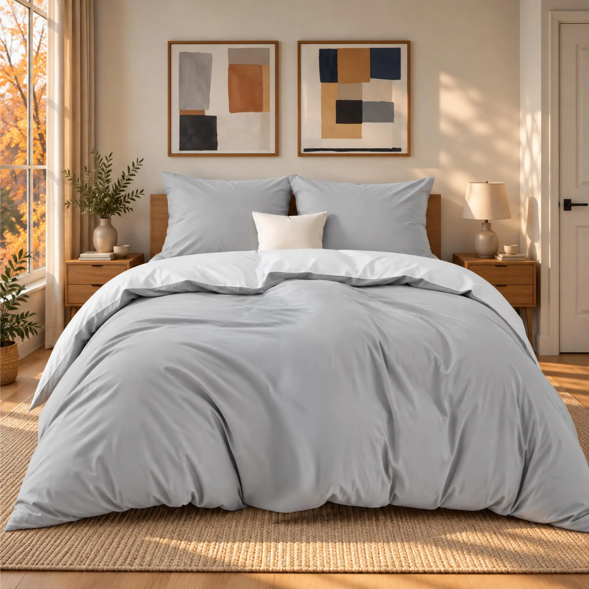 Dreamzie Copripiumino Matrimoniale 200x220 cm con 2 Federe 80x80 cm, Microfibra, Grigio Chiaro / Bianco - immagine 1