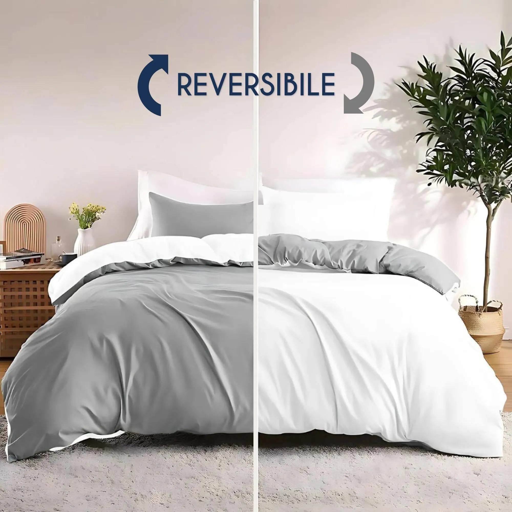 Dreamzie Copripiumino Matrimoniale 220x240 cm con 2 Federe 65x65 cm, Microfibra, Grigio Chiaro / Bianco - immagine 4