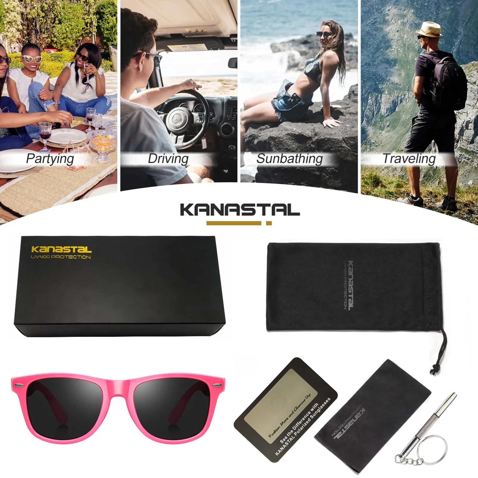 KANASTAL Occhiali da Sole Polarizzati UV400 per Uomo e Donna, Montatura Rosa e Lenti Nere - immagine 7