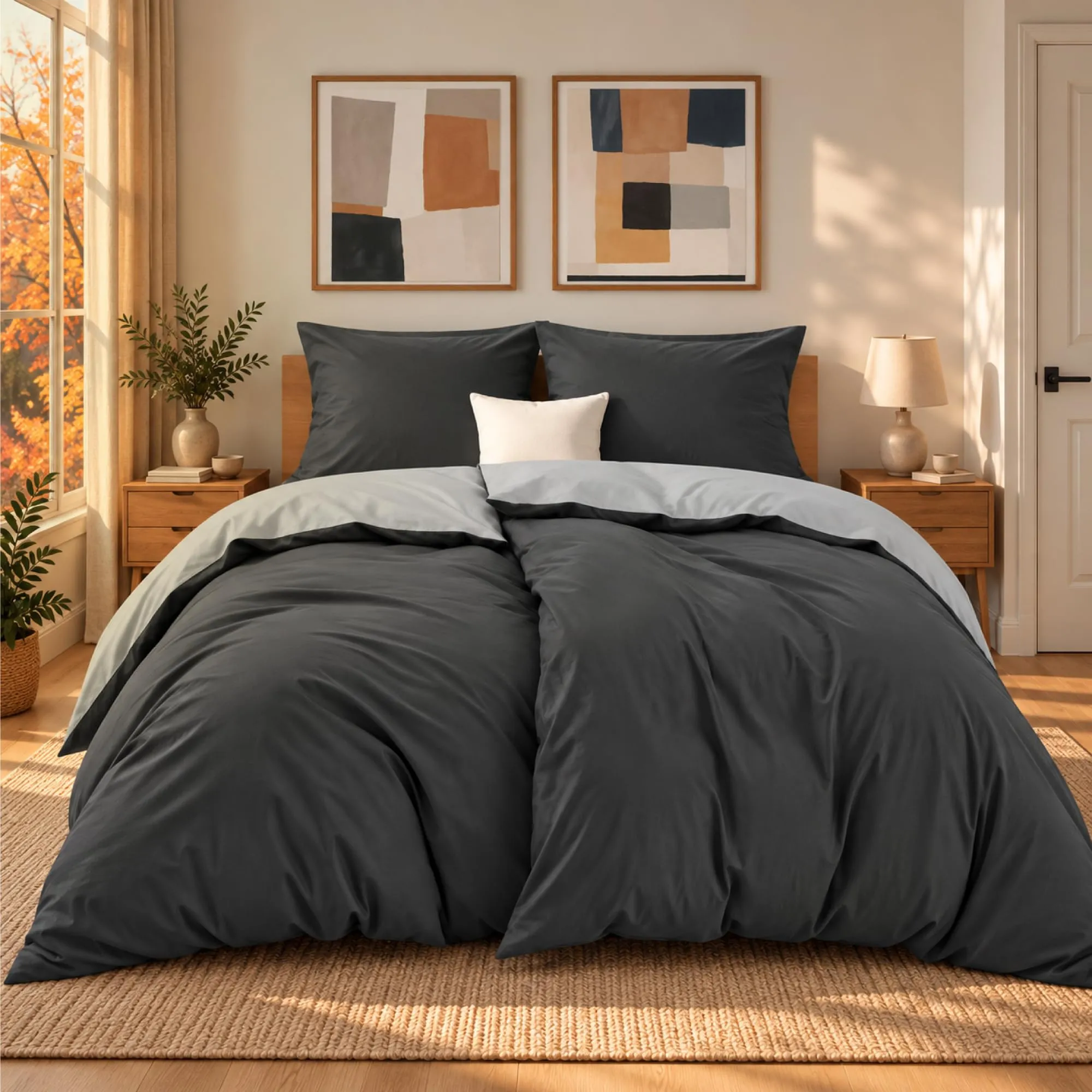 Dreamzie Set 2 Copripiumini Singolo 135x200 cm e 2 Federe 80x80 cm, Microfibra, Grigio Scuro / Grigio Chiaro - immagine 1