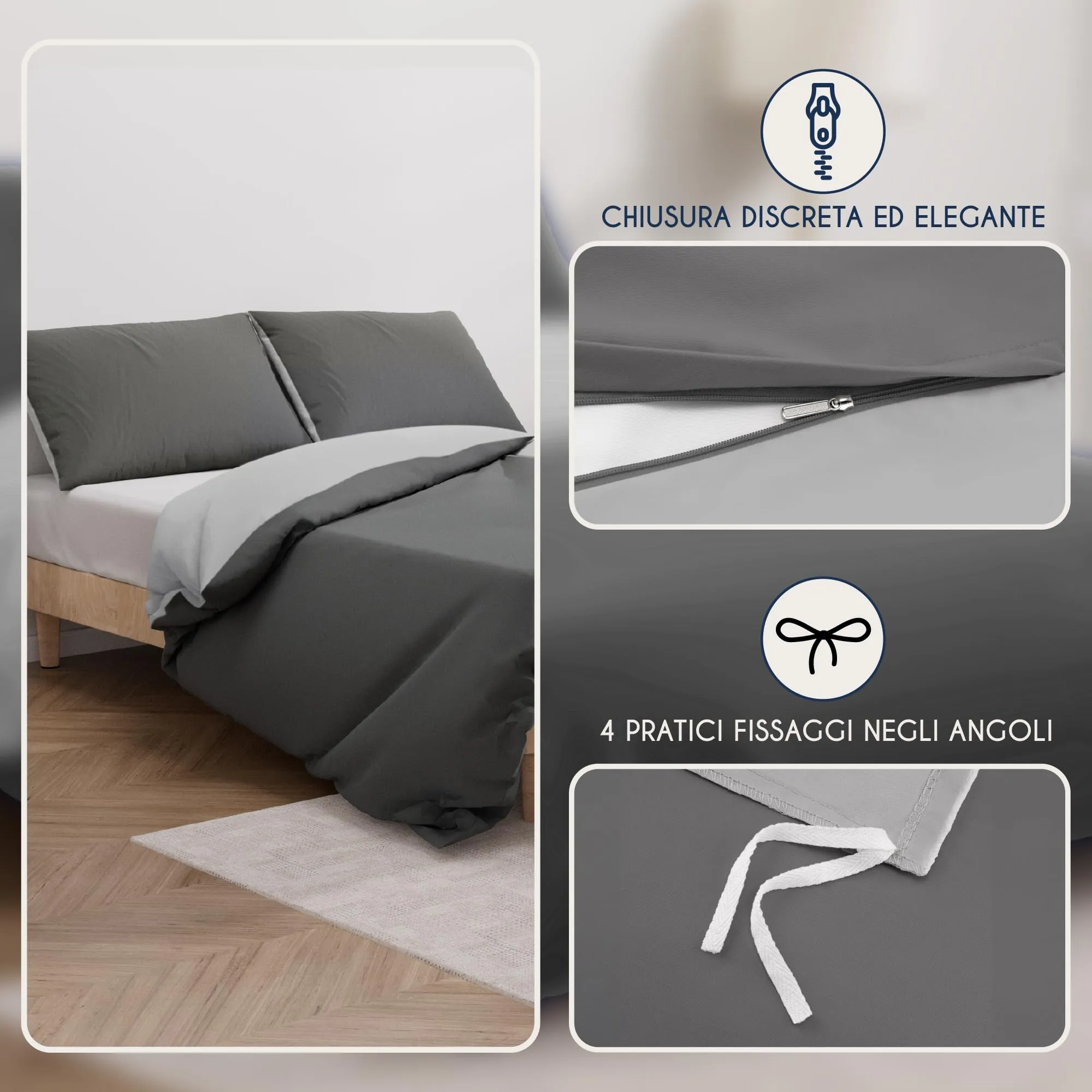 Dreamzie Set 2 Copripiumini Singolo 135x200 cm e 2 Federe 80x80 cm, Microfibra, Grigio Scuro / Grigio Chiaro - immagine 3