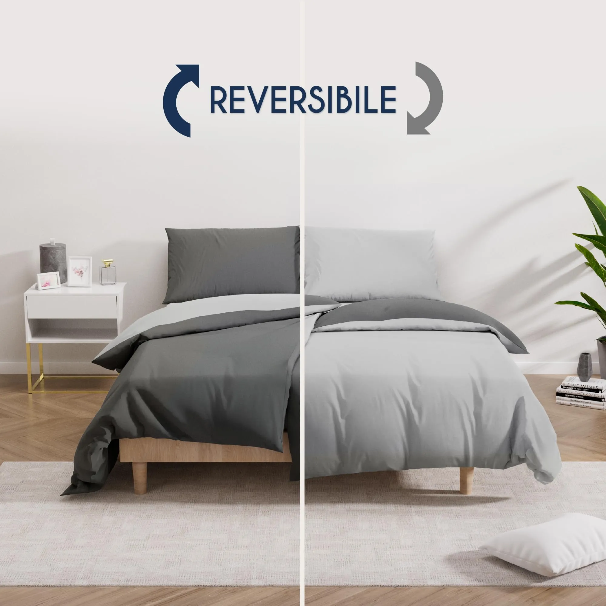 Dreamzie Set 2 Copripiumini Singolo 135x200 cm e 2 Federe 80x80 cm, Microfibra, Grigio Scuro / Grigio Chiaro - immagine 4