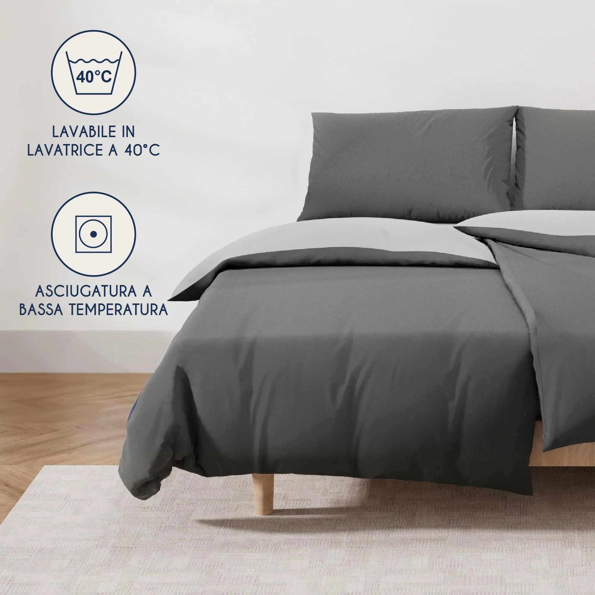Dreamzie Set 2 Copripiumini Singolo 135x200 cm e 2 Federe 80x80 cm, Microfibra, Grigio Scuro / Grigio Chiaro - immagine 5