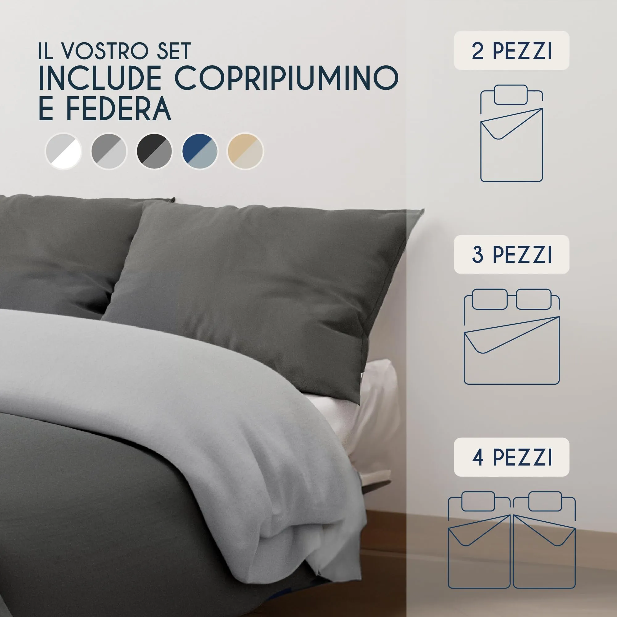 Dreamzie Set 2 Copripiumini Singolo 135x200 cm e 2 Federe 80x80 cm, Microfibra, Grigio Scuro / Grigio Chiaro - immagine 6