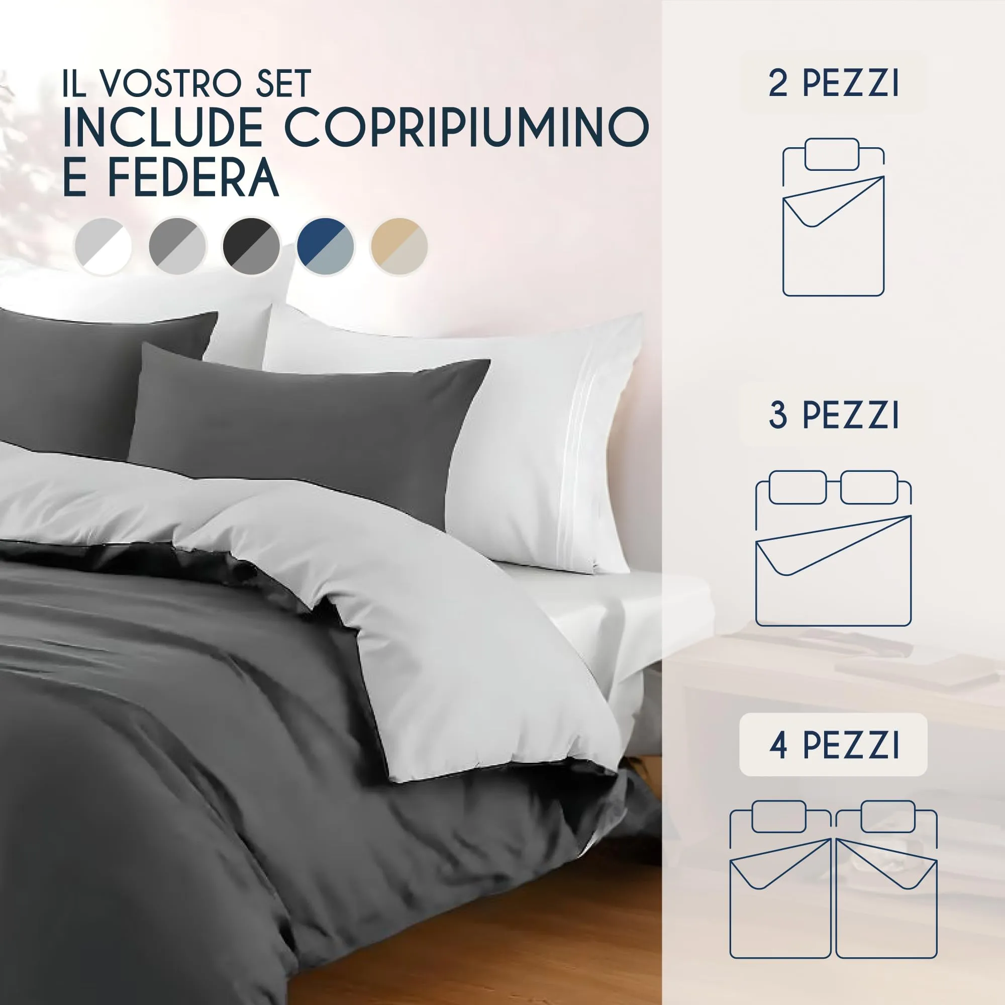 Dreamzie Copripiumino Matrimoniale 200x200 cm con 2 Federe 80x80 cm, Microfibra, Grigio Scuro / Grigio Chiaro - immagine 6