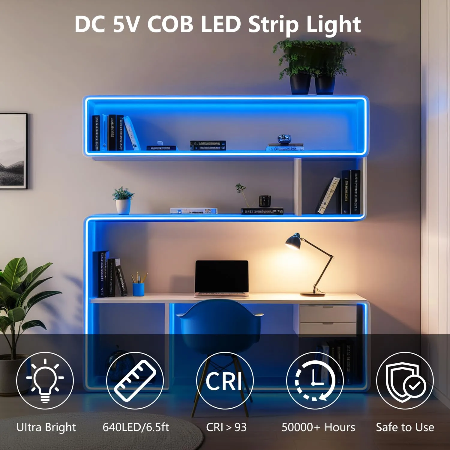 ShineBurky Striscia LED COB 5V USB, Blu, 2 Metri, 640LED, CRI93+ - immagine 2