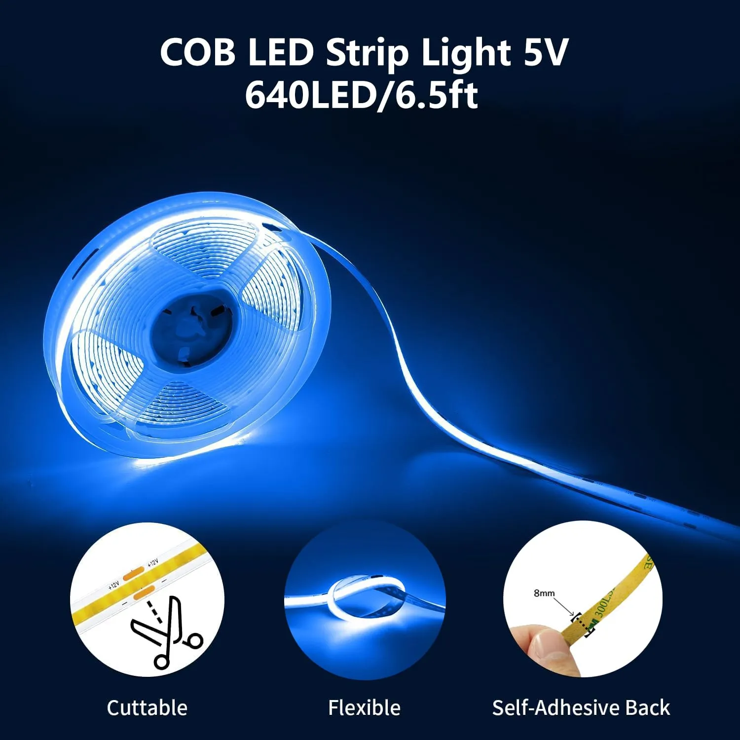 ShineBurky Striscia LED COB 5V USB, Blu, 2 Metri, 640LED, CRI93+ - immagine 4